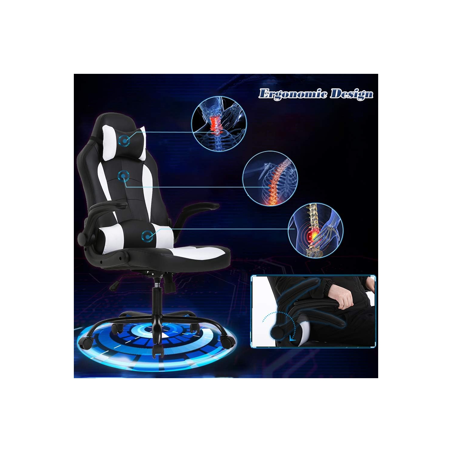 BestOffice PC Gaming Chair Ergonomic Office Chair Desk Chair with Lumbar Support Flip Up Arms Headrest PU Leather Executive High Back Computer Chair