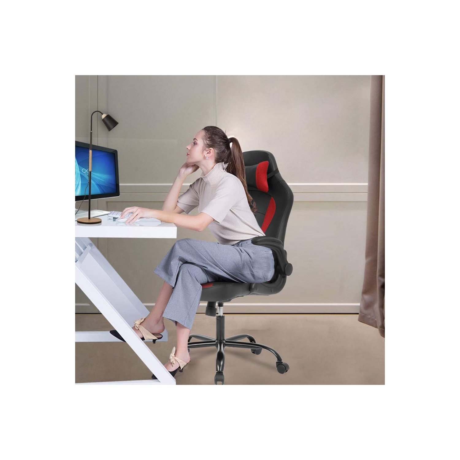 Fauteuil de bureau ergonomique en PC de BestOffice avec soutien lombaire accoudoirs rabattables appuie-tête cuir pu Fauteuil de direction à dossier