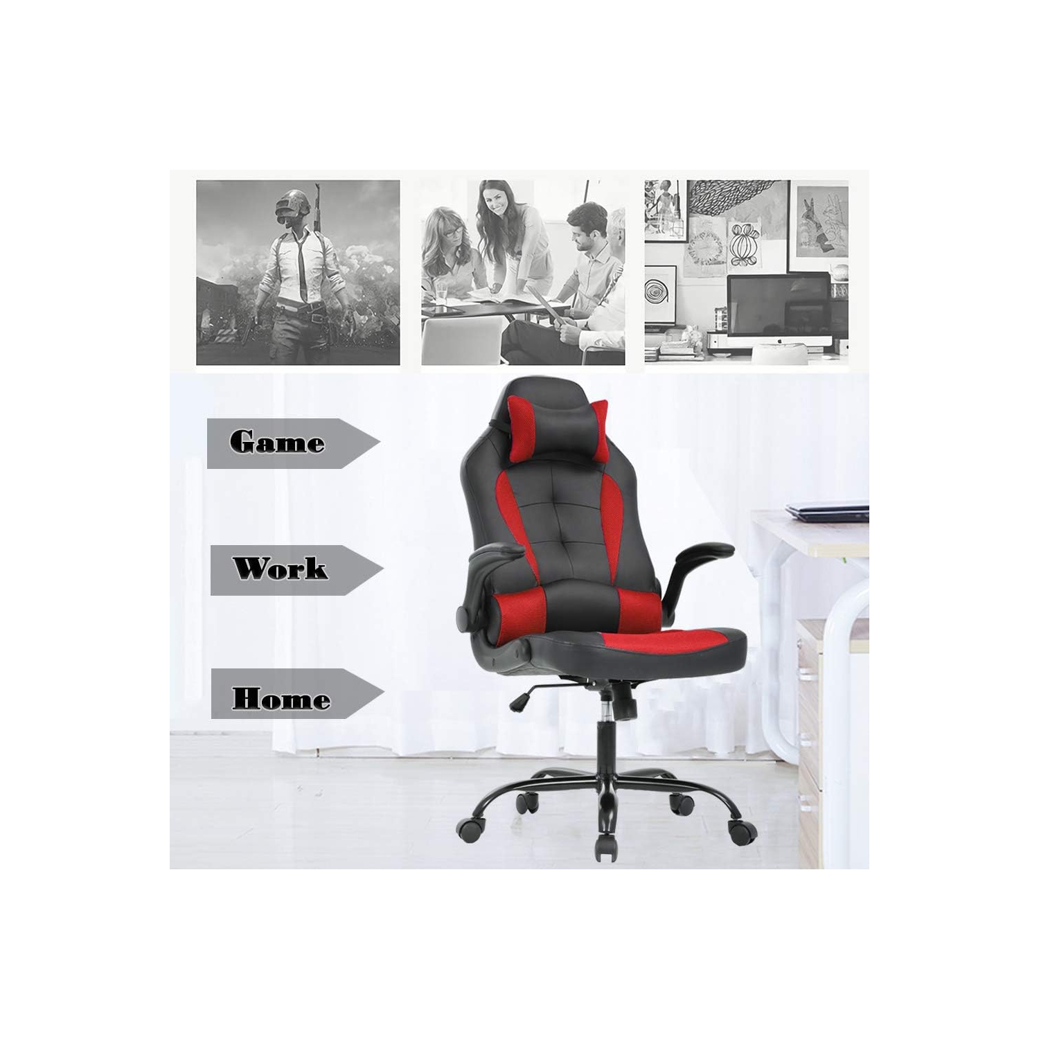 Fauteuil de bureau ergonomique en PC de BestOffice avec soutien lombaire accoudoirs rabattables appuie-tête cuir pu Fauteuil de direction à dossier