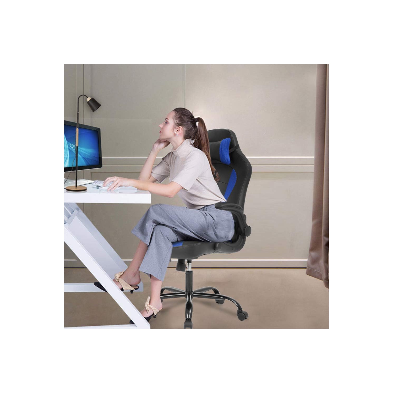BestOffice Gaming Chair Office Chair Desk Chair with Lumbar Support Flip Up Arms Headrest Swivel Rolling Adjustable High Back Racing Computer Chair
