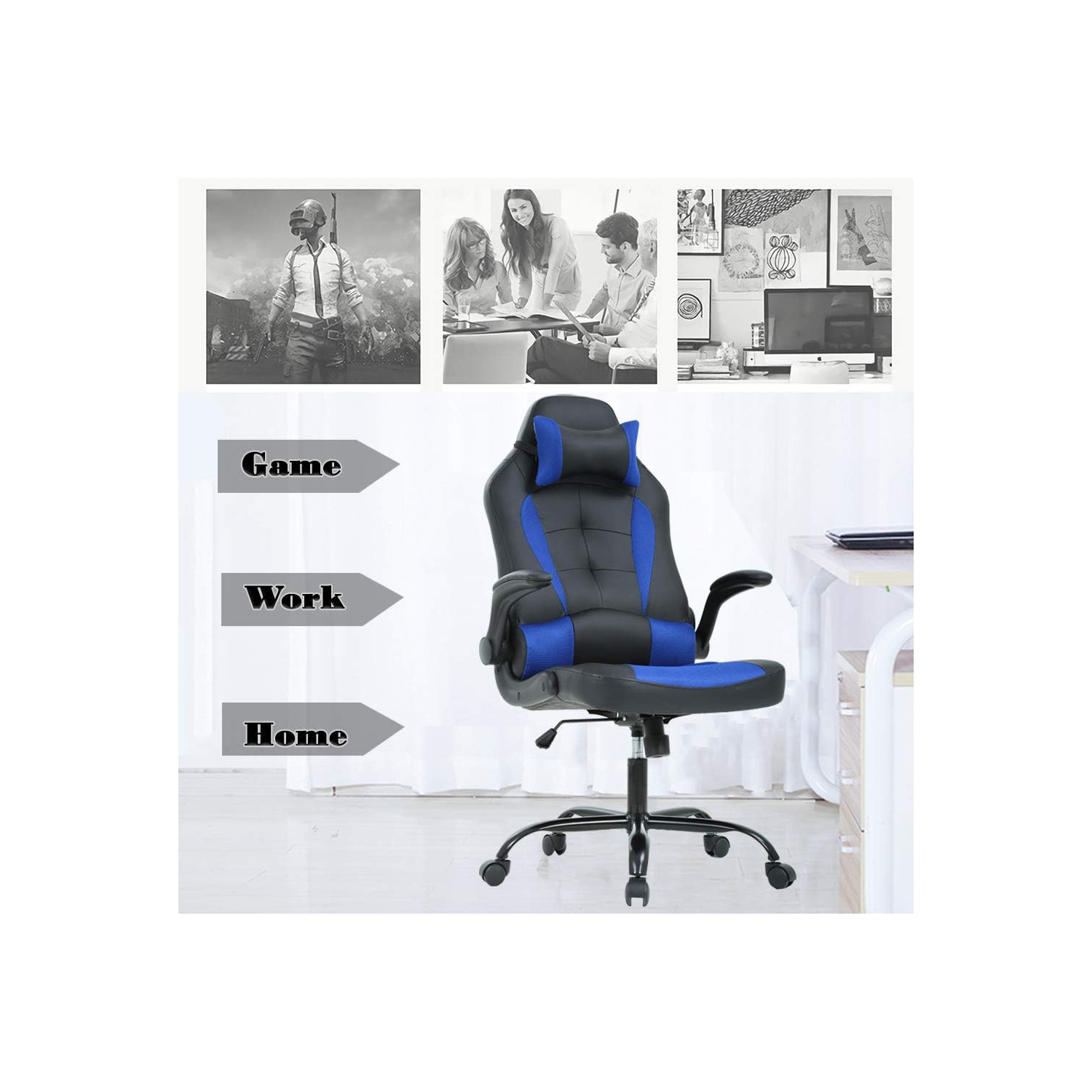 BestOffice Gaming Chair Office Chair Desk Chair with Lumbar Support Flip Up Arms Headrest Swivel Rolling Adjustable High Back Racing Computer Chair