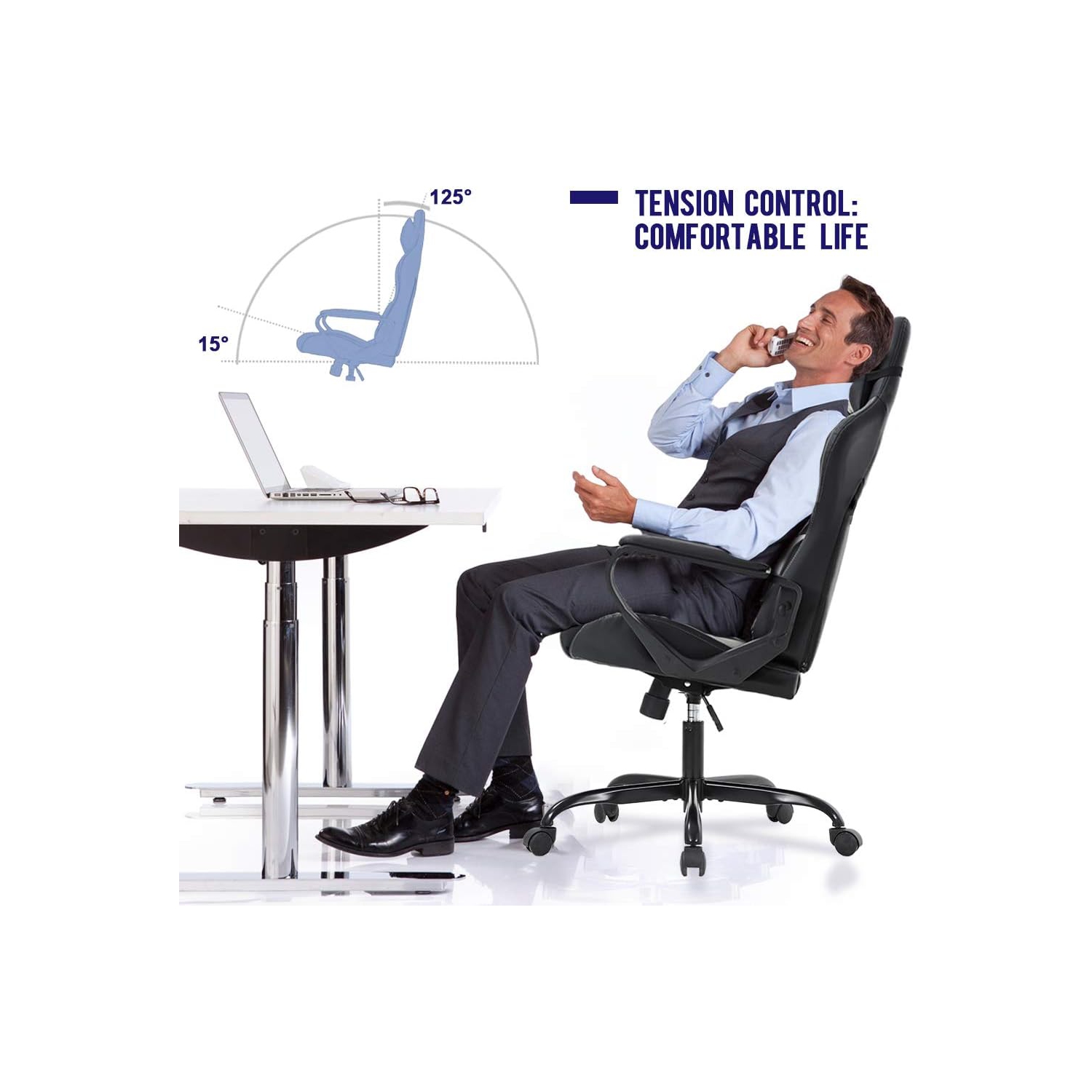 BestOffice Ergonomic Office Chair High-Back White Gaming Chair with Lumbar Support PC Computer Chair Racing Chair PU Task Desk Chair Executive Swivel