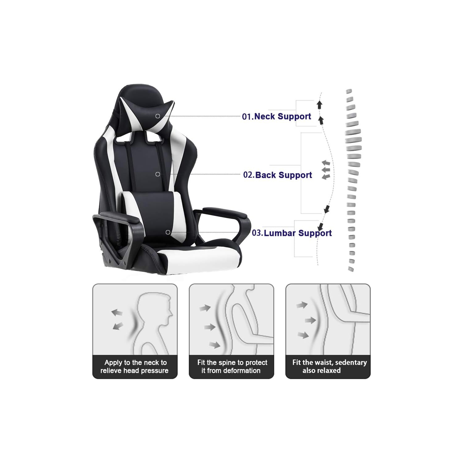 BestOffice Ergonomic Office Chair High-Back White Gaming Chair with Lumbar Support PC Computer Chair Racing Chair PU Task Desk Chair Executive Swivel
