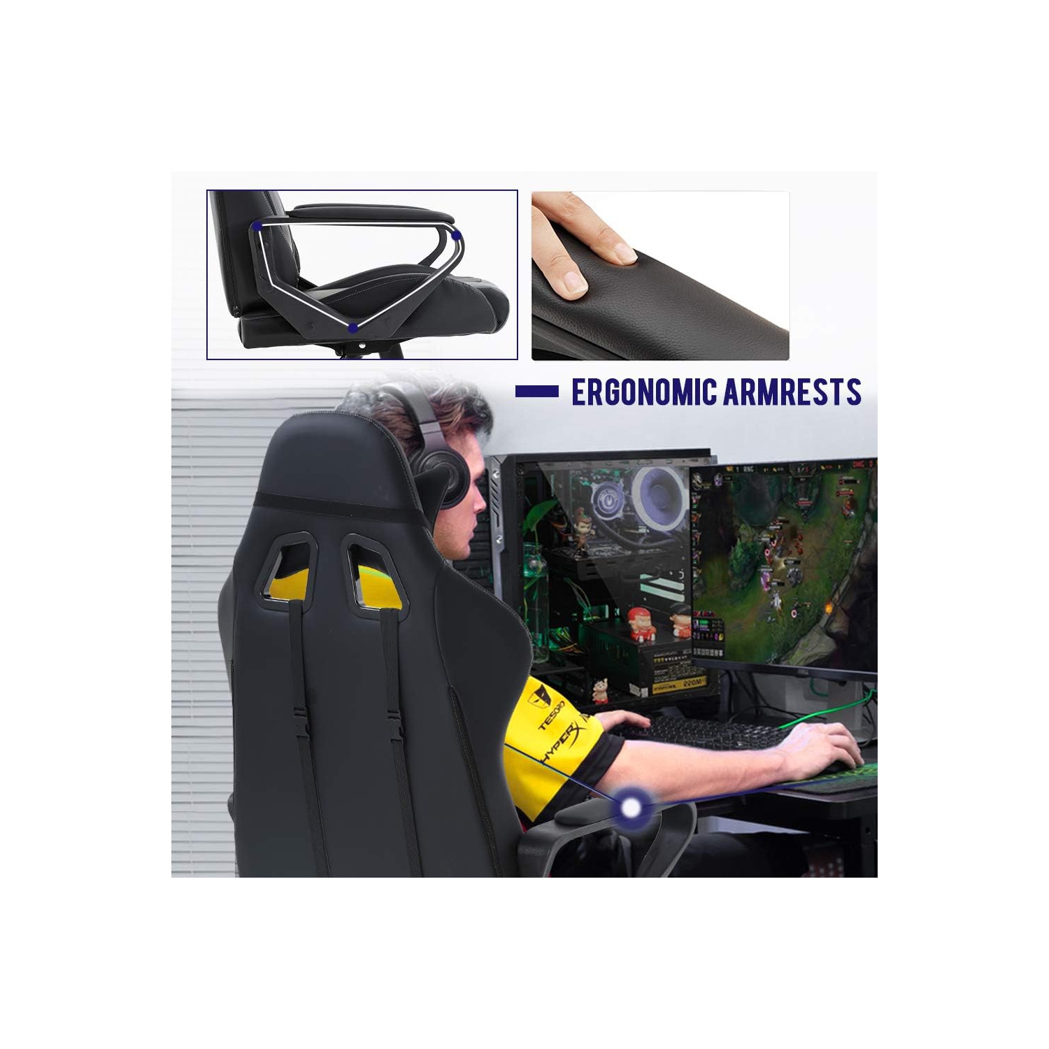 BestOffice Ergonomic Office Chair High-Back White Gaming Chair with Lumbar Support PC Computer Chair Racing Chair PU Task Desk Chair Executive Swivel