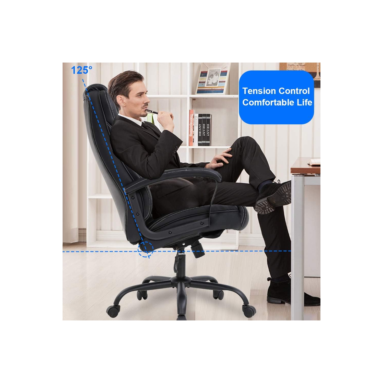 BestOffice Big and Tall Office Chair 500lbs Wide Seat Ergonomic Desk Chair with Lumbar Support Arms High Back PU Leather Executive Task Computer
