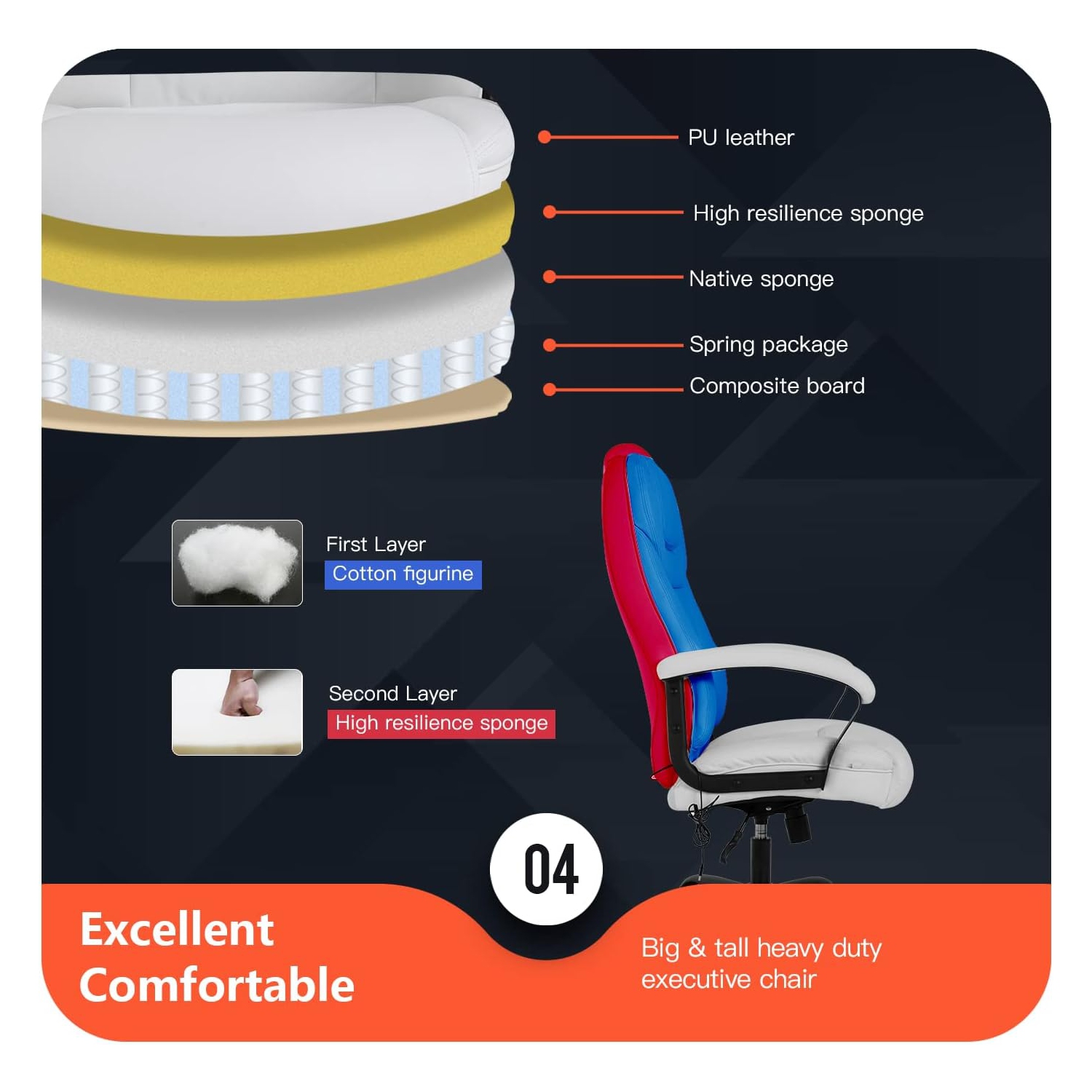 Fauteuil de bureau ergonomique 500&nbsp;lb grand et haut fauteuil d'ordinateur à dossier haut en cuir pu fauteuil de bureau large avec soutien