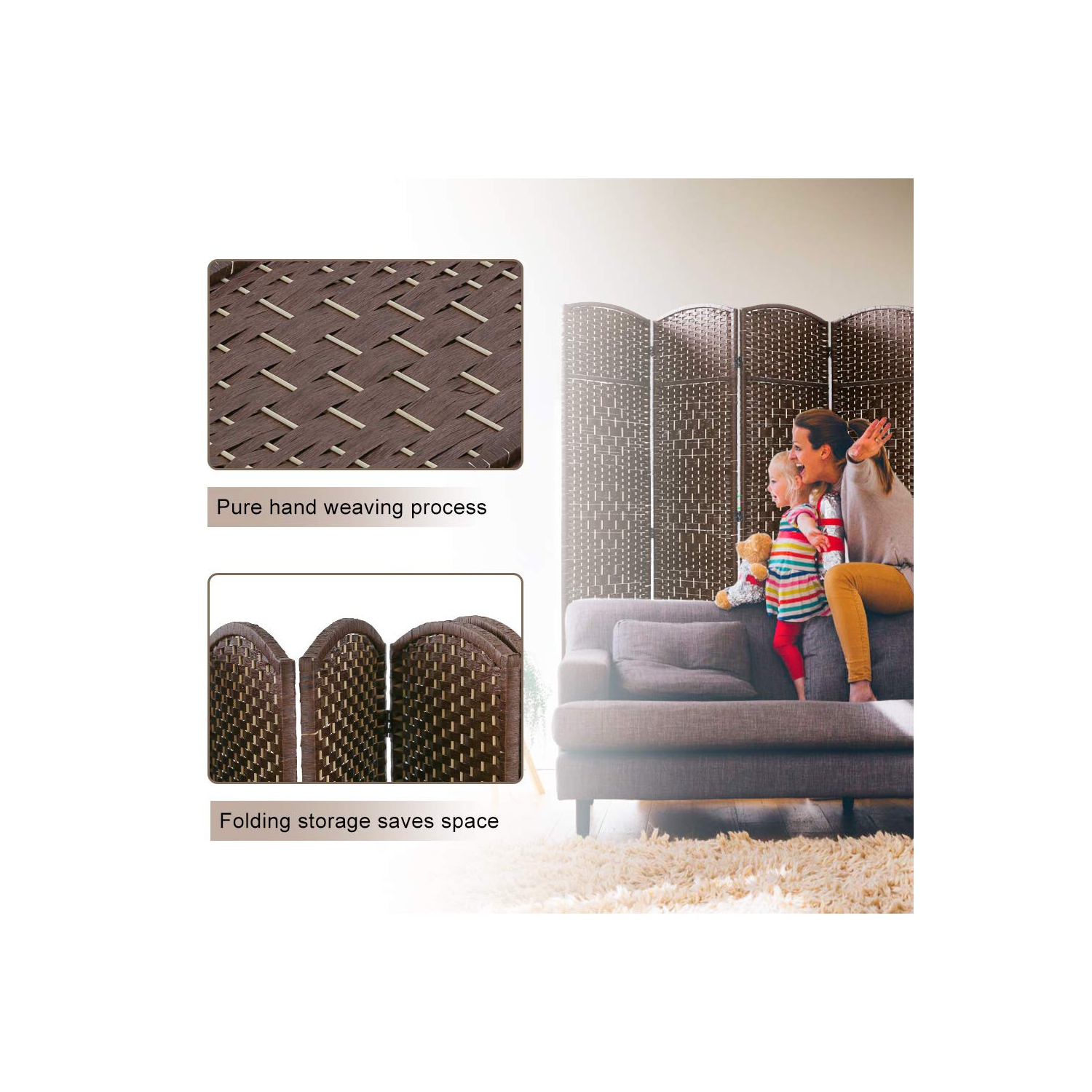 Room Divider Folding Privacy Divider 6 Ft Indoor Wall Divider Portable Partition Wood Screen, Brown