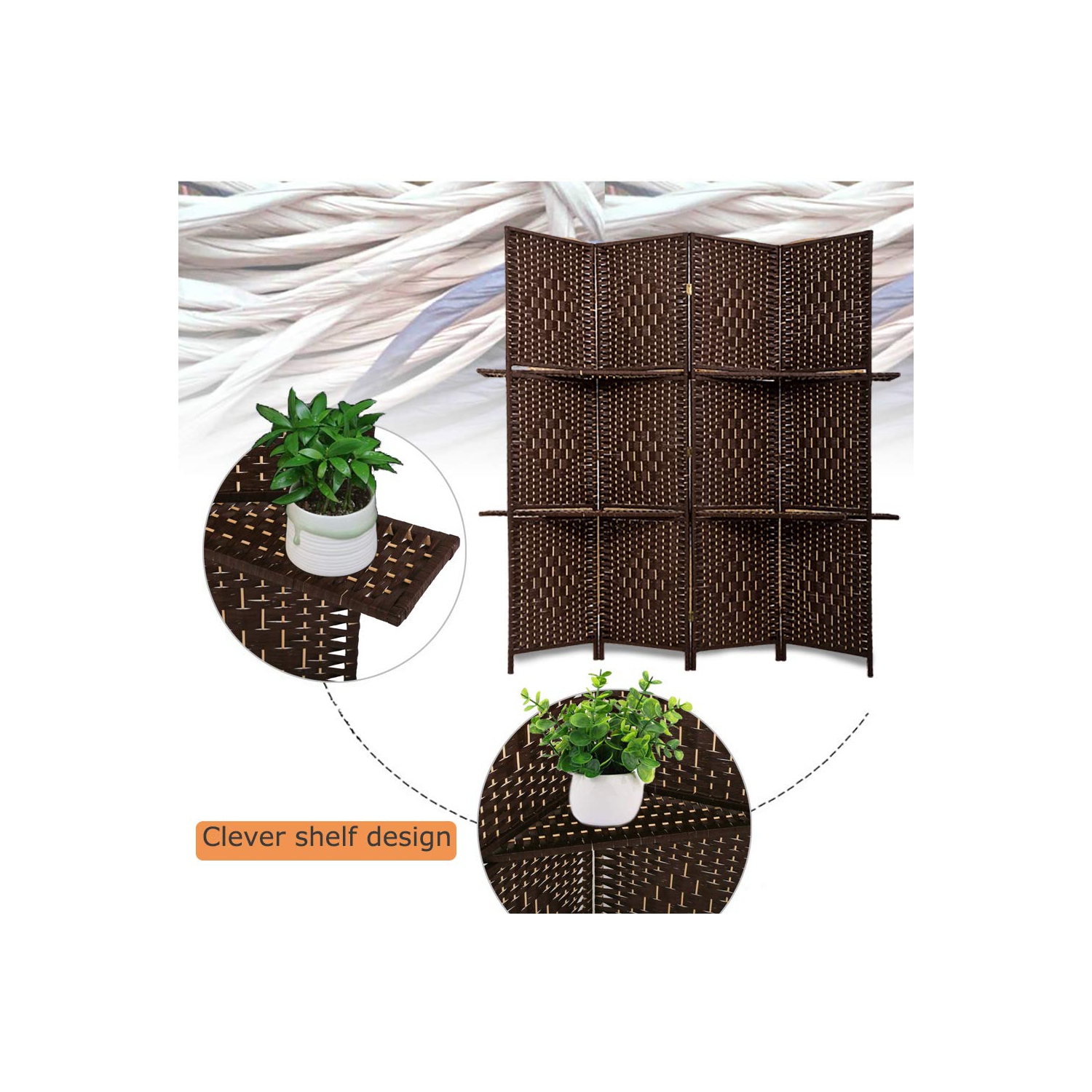 Room Divider 4 Panel Room Screen Divider Wooden Screen Folding Portable Partition Screen Wood with Removable Storage Shelves Color,Brown