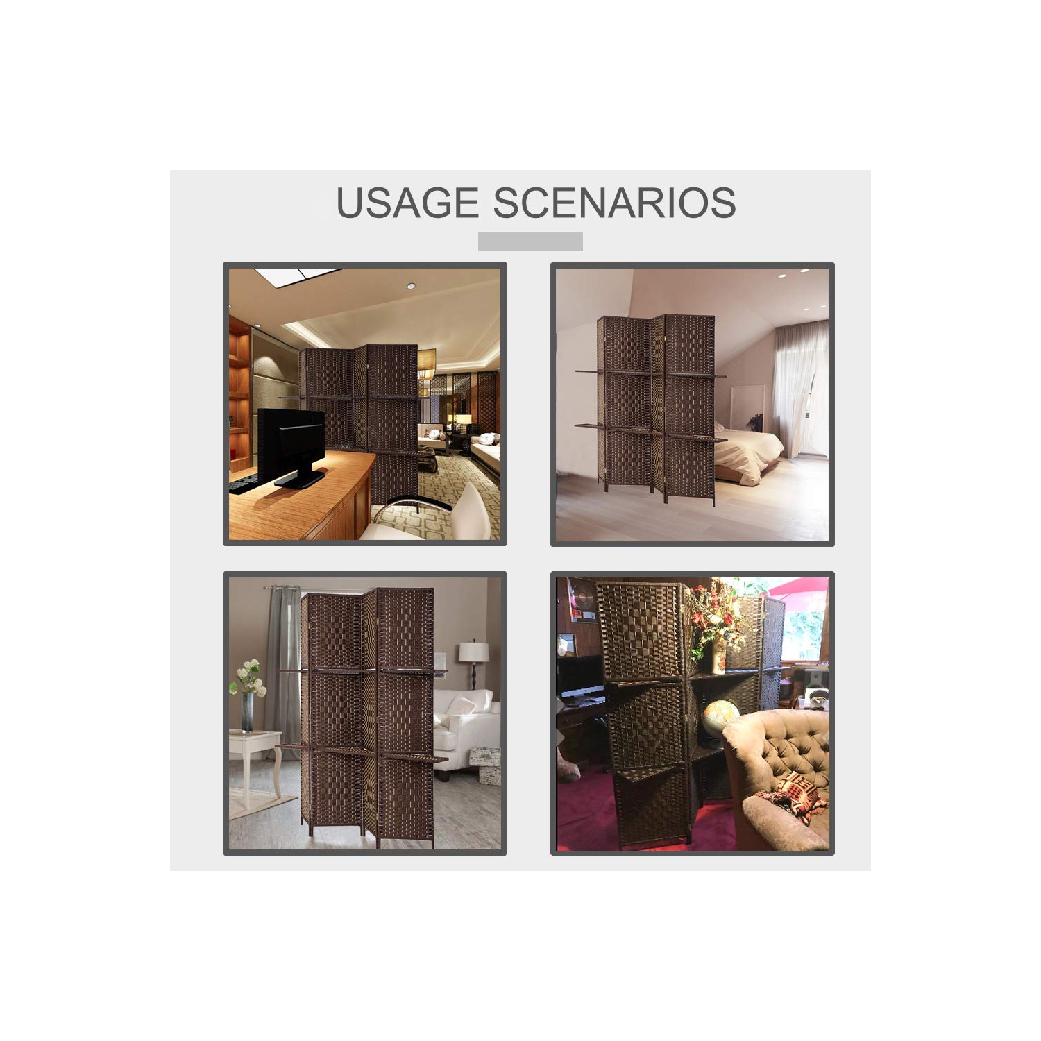 Room Divider 4 Panel Room Screen Divider Wooden Screen Folding Portable Partition Screen Wood with Removable Storage Shelves Color,Brown
