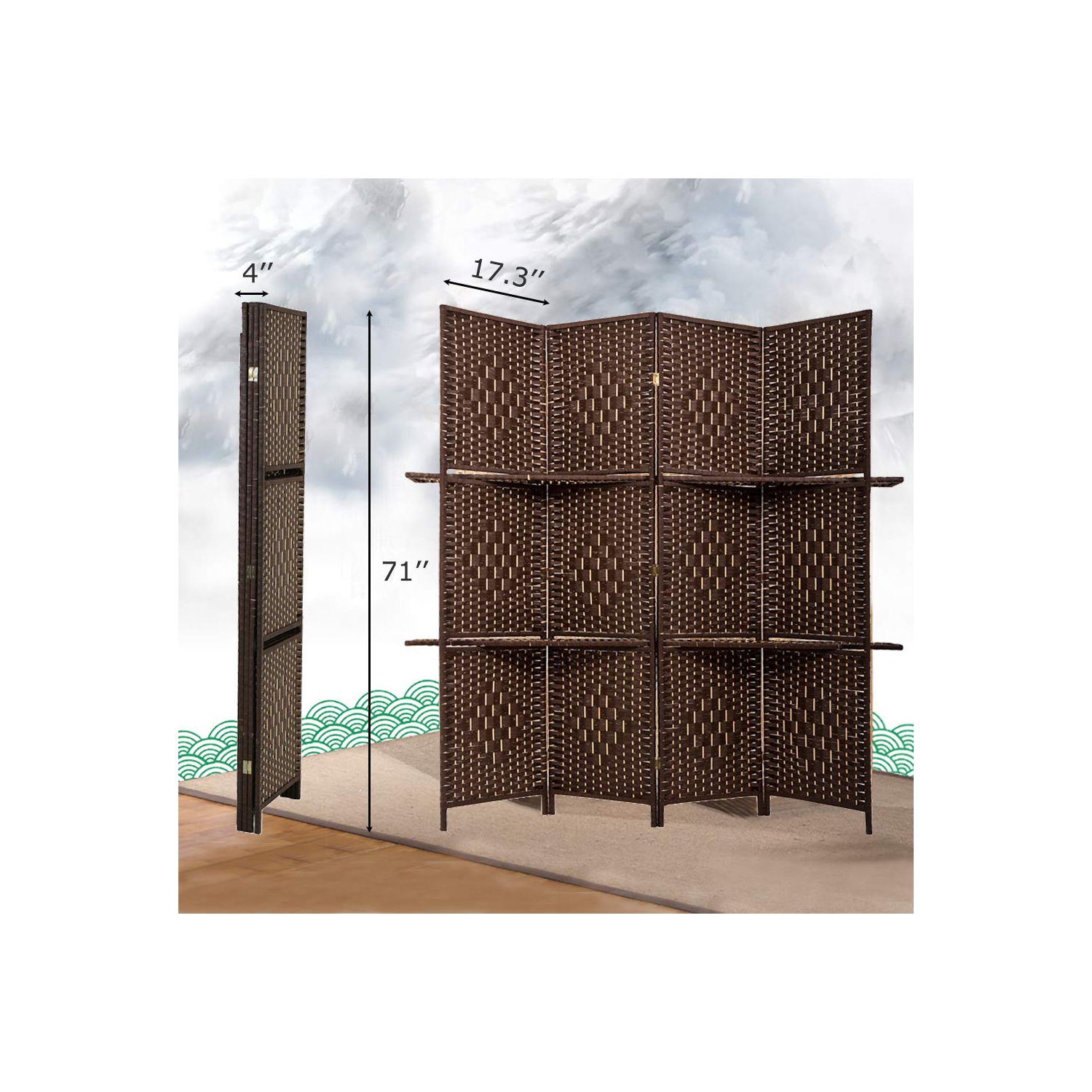 Room Divider 4 Panel Room Screen Divider Wooden Screen Folding Portable Partition Screen Wood with Removable Storage Shelves Color,Brown
