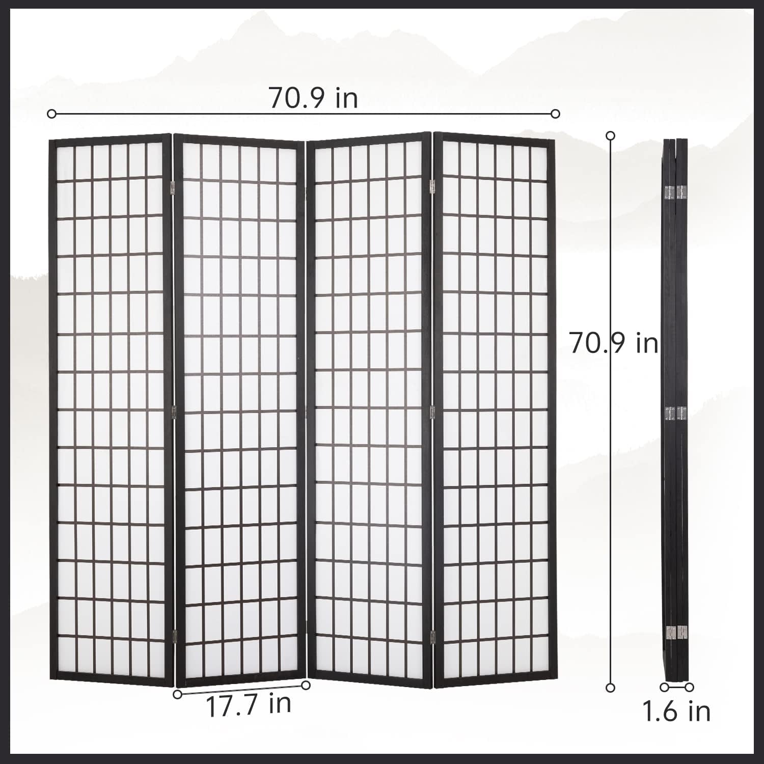 FDW Room Divider 4 Panel Oriental Shoji Screen 6Ft Folding Privacy Divider Wall Divider Portable Freestanding Partition Screen Japanese-Inspired Wood