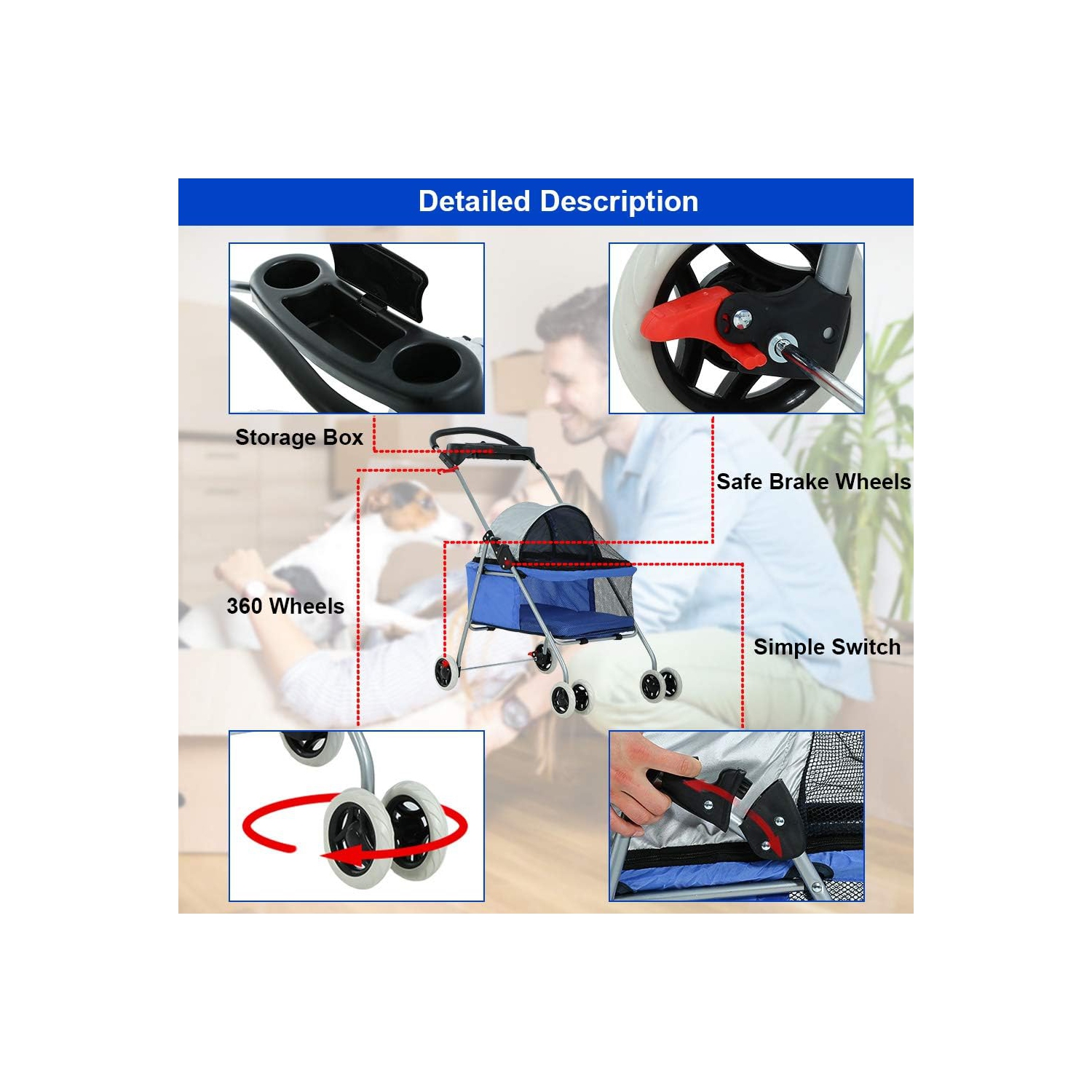 Pet Stroller 4 Wheels Posh Folding Waterproof Portable Travel Cat Dog Stroller with Cup Holder