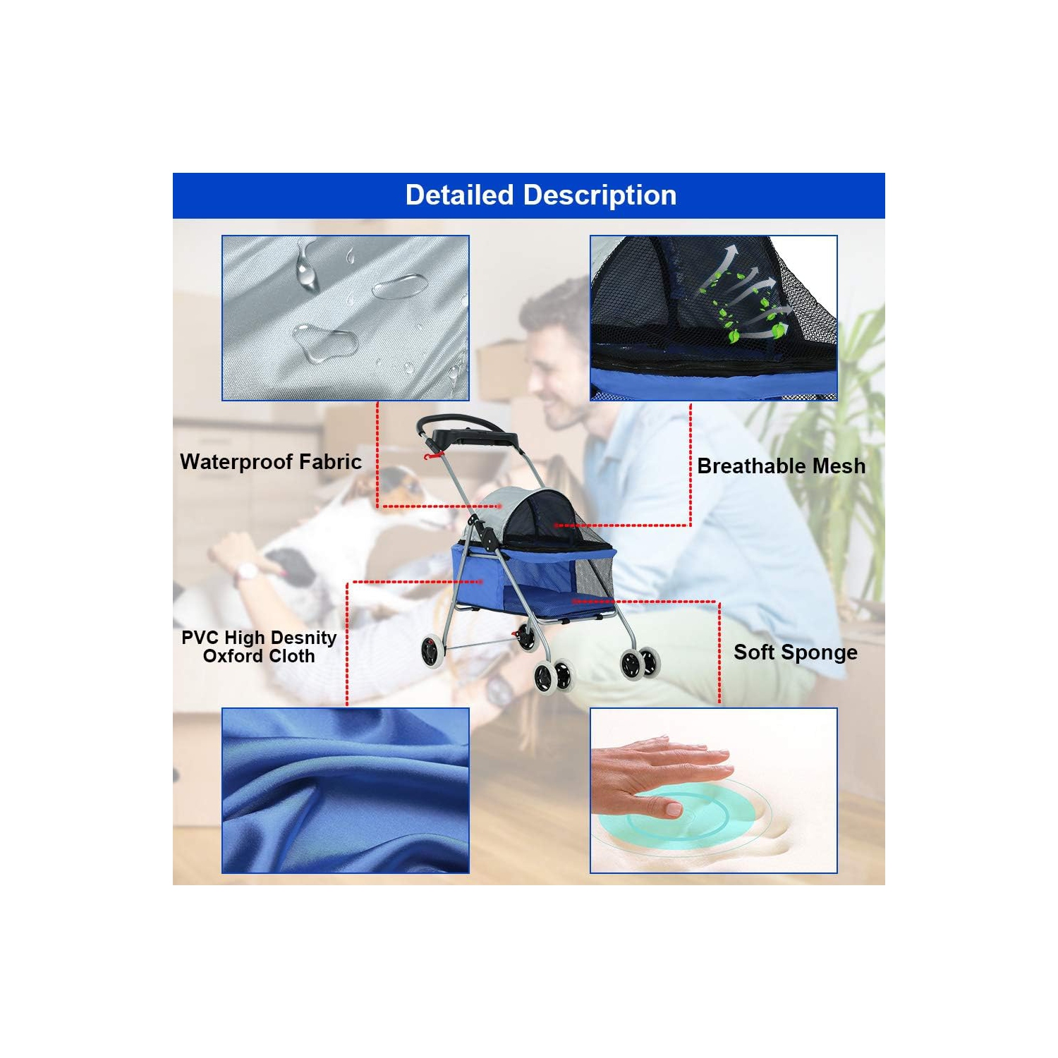 Pet Stroller 4 Wheels Posh Folding Waterproof Portable Travel Cat Dog Stroller with Cup Holder