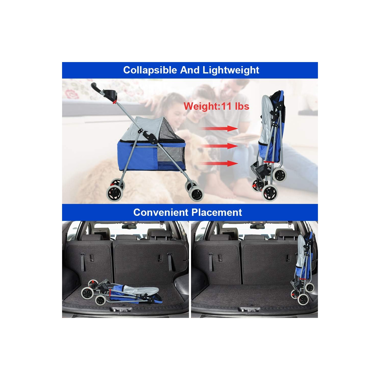 Pet Stroller 4 Wheels Posh Folding Waterproof Portable Travel Cat Dog Stroller with Cup Holder