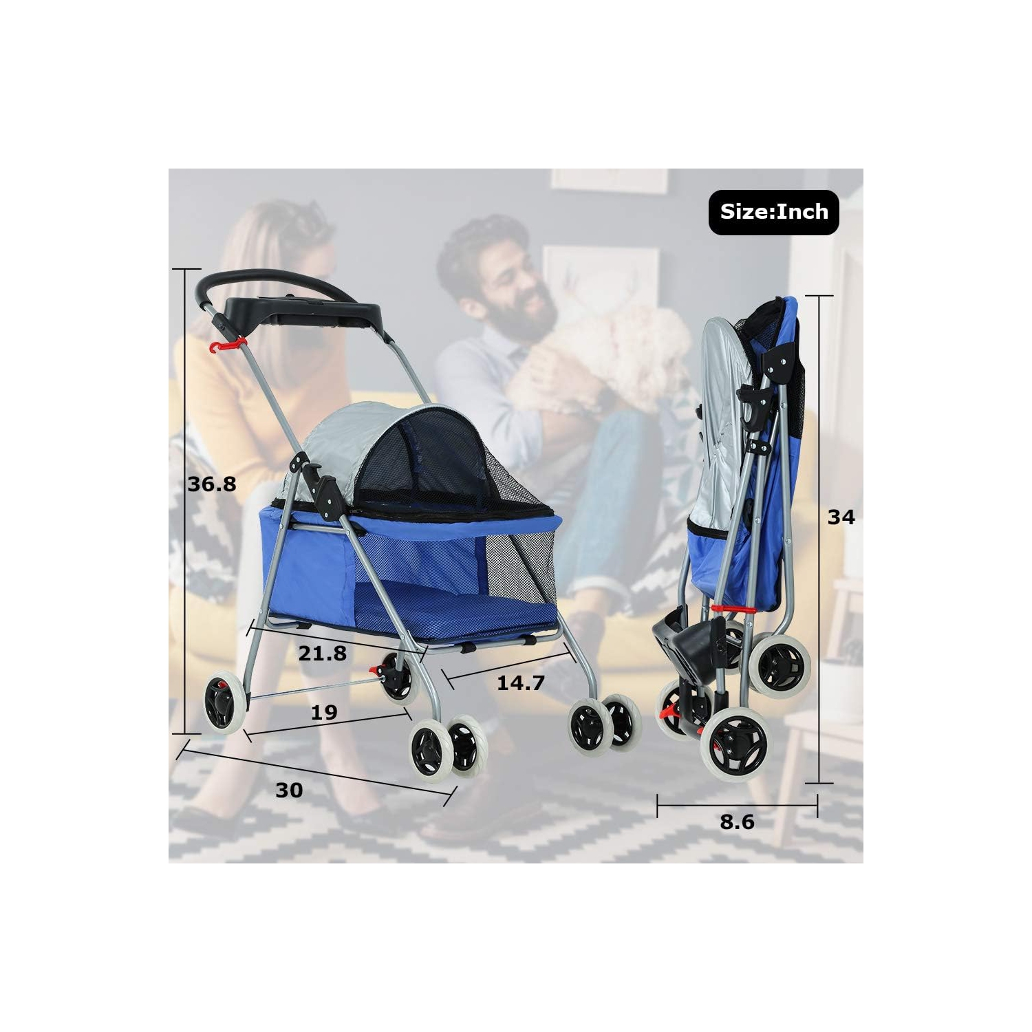 Pet Stroller 4 Wheels Posh Folding Waterproof Portable Travel Cat Dog Stroller with Cup Holder