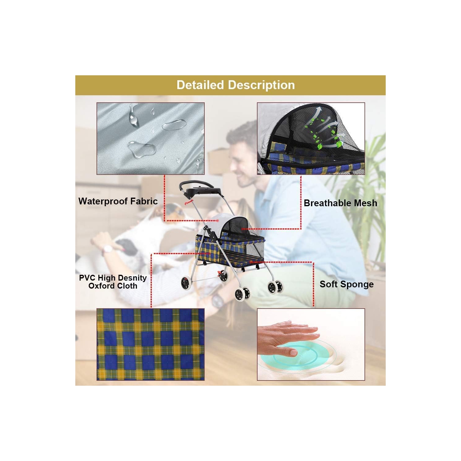 Pet Stroller 4 Wheels Posh Folding Waterproof Portable Travel Cat Dog Stroller with Cup Holder