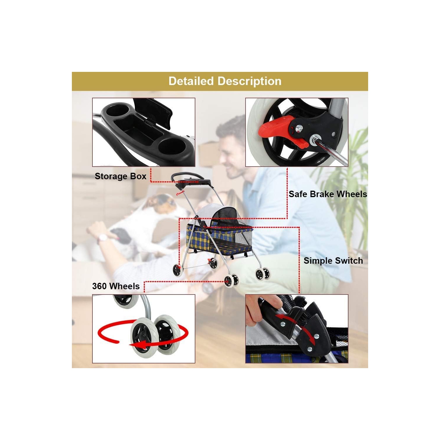 Pet Stroller 4 Wheels Posh Folding Waterproof Portable Travel Cat Dog Stroller with Cup Holder