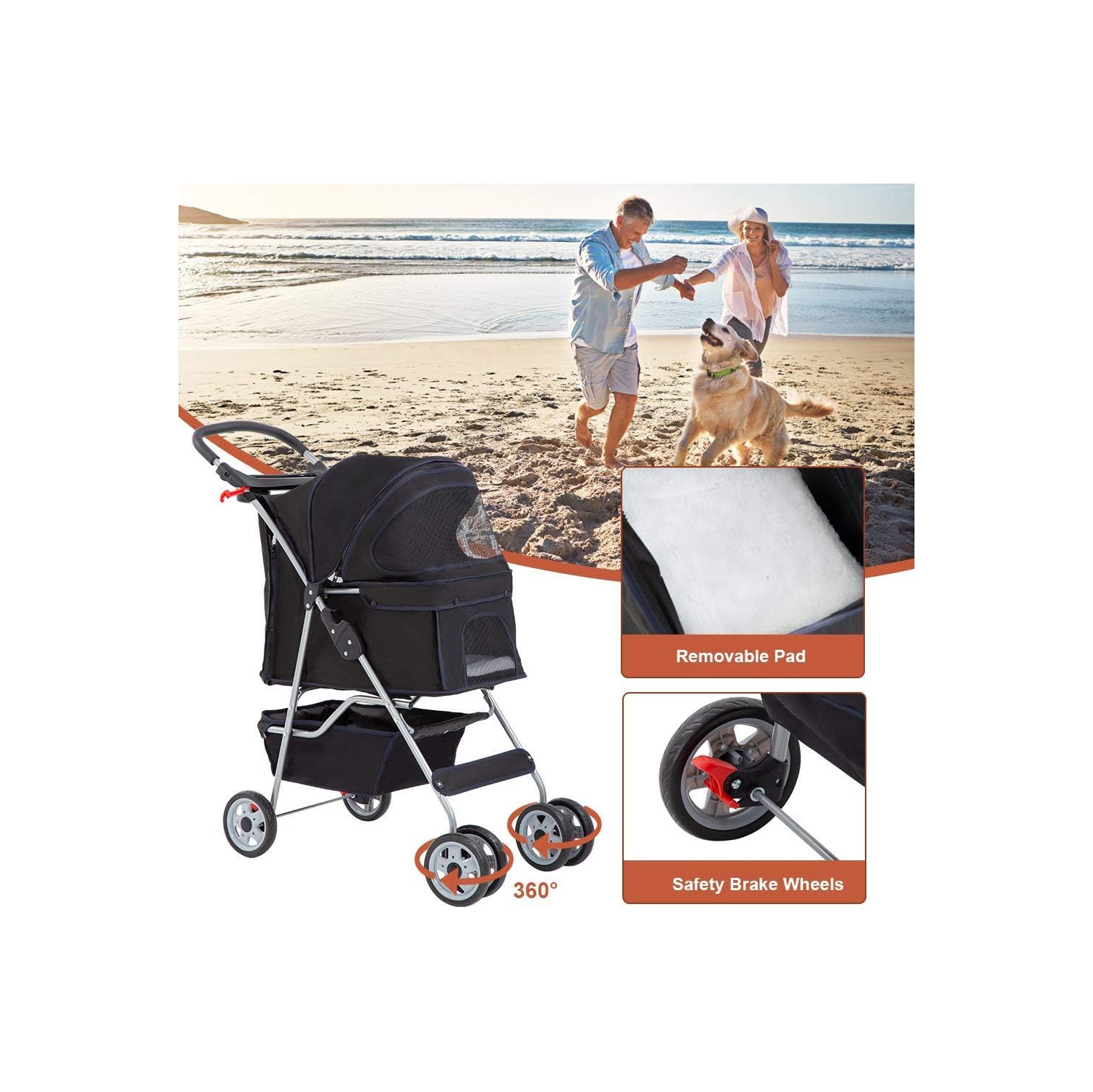 Poussette pour animal de compagnie cage cage chien poussette de 4 roues porte-bébé repliable