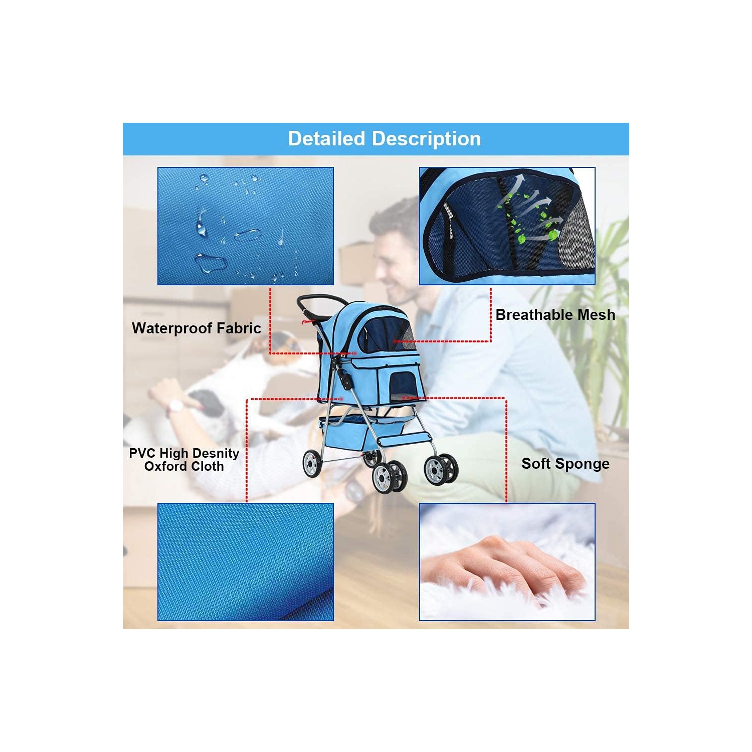 4 Wheels Pet Stroller Cat Dog Cage Stroller Travel Folding Carrier