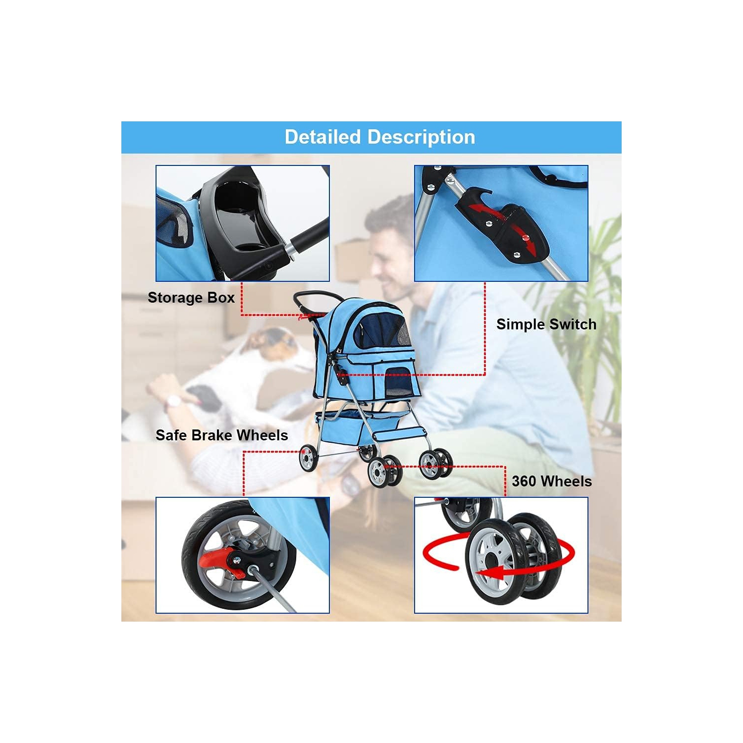 4 Wheels Pet Stroller Cat Dog Cage Stroller Travel Folding Carrier