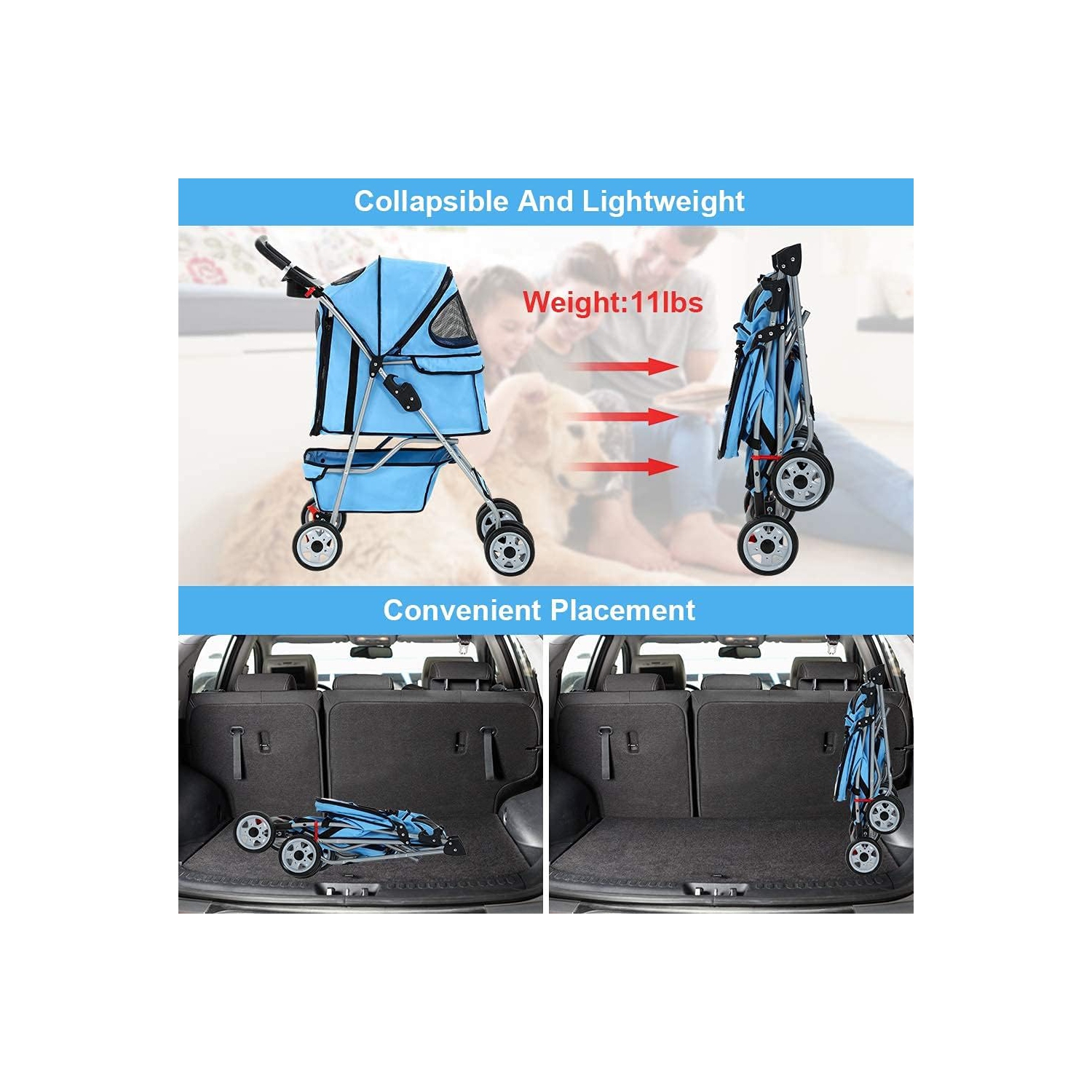 4 Wheels Pet Stroller Cat Dog Cage Stroller Travel Folding Carrier