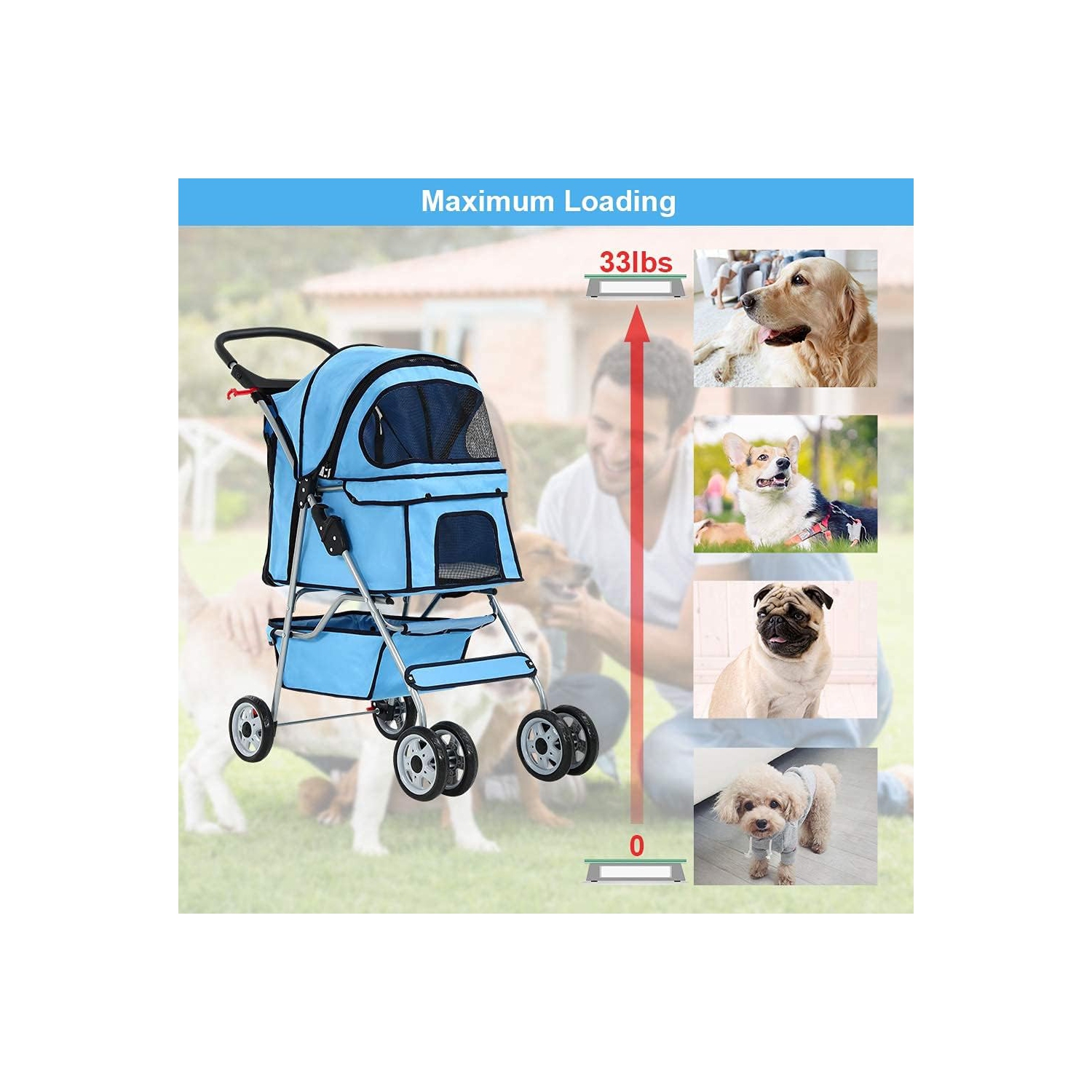 4 Wheels Pet Stroller Cat Dog Cage Stroller Travel Folding Carrier