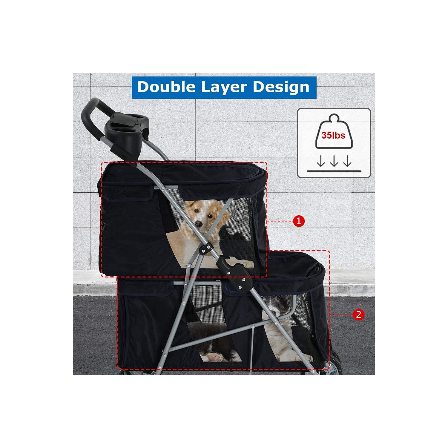 Dog Stroller Cat Stroller Pet Carriers Bag Jogger Stroller for Small Medium Dogs Cats Travel Camping 4 Wheels Lightweight Waterproof Folding Crate