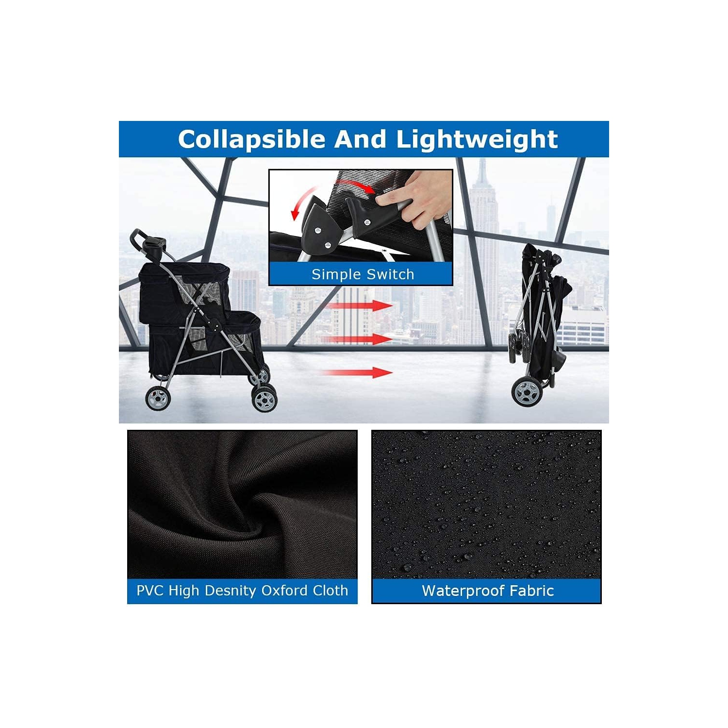 Dog Stroller Cat Stroller Pet Carriers Bag Jogger Stroller for Small Medium Dogs Cats Travel Camping 4 Wheels Lightweight Waterproof Folding Crate