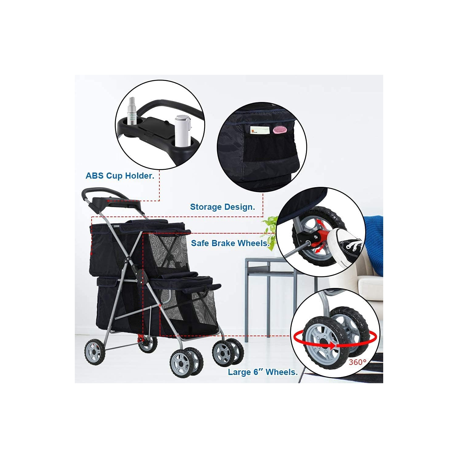 Dog Stroller Cat Stroller Pet Carriers Bag Jogger Stroller for Small Medium Dogs Cats Travel Camping 4 Wheels Lightweight Waterproof Folding Crate