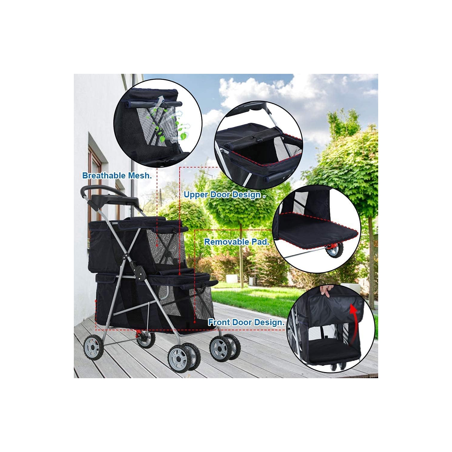 Dog Stroller Cat Stroller Pet Carriers Bag Jogger Stroller for Small Medium Dogs Cats Travel Camping 4 Wheels Lightweight Waterproof Folding Crate