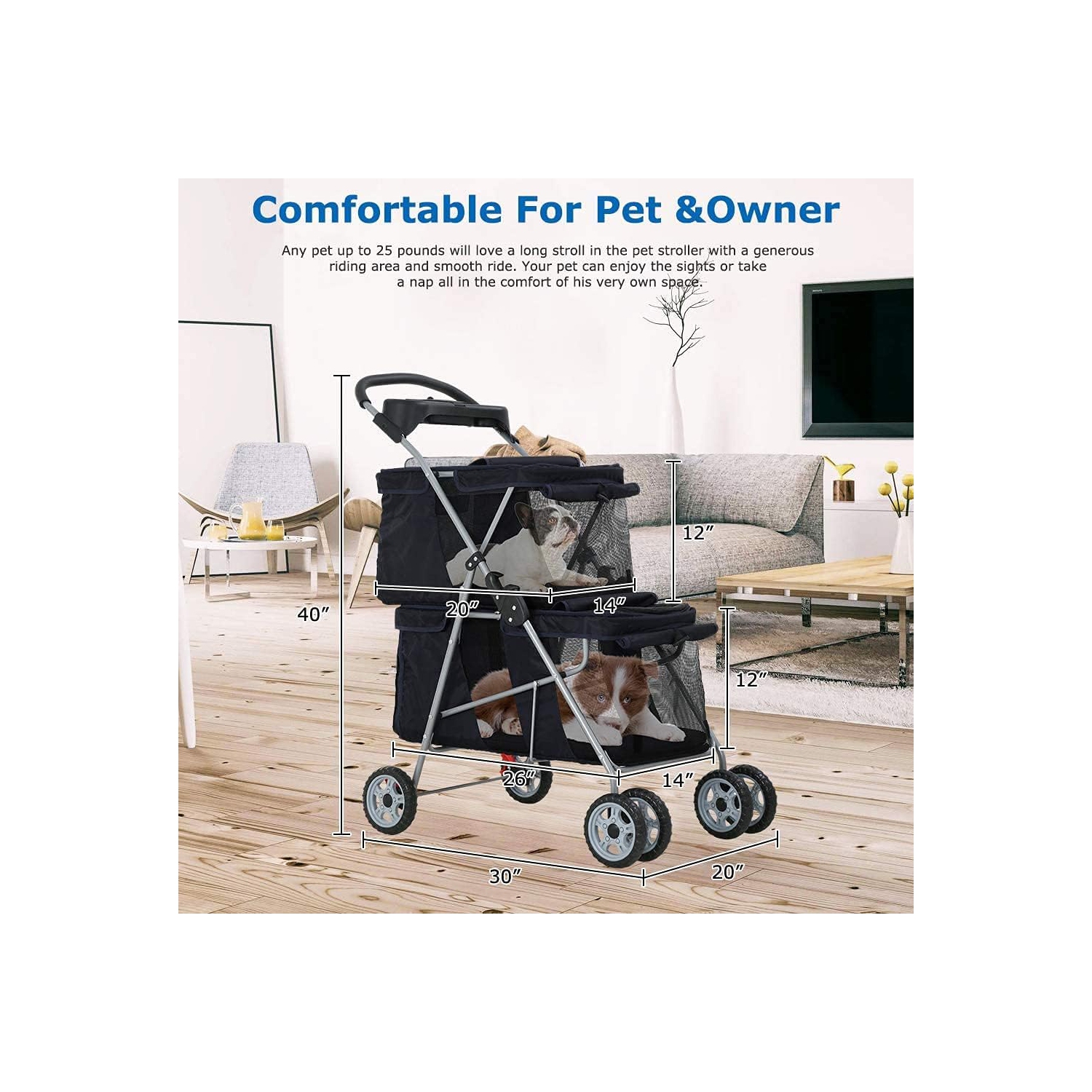 Dog Stroller Cat Stroller Pet Carriers Bag Jogger Stroller for Small Medium Dogs Cats Travel Camping 4 Wheels Lightweight Waterproof Folding Crate