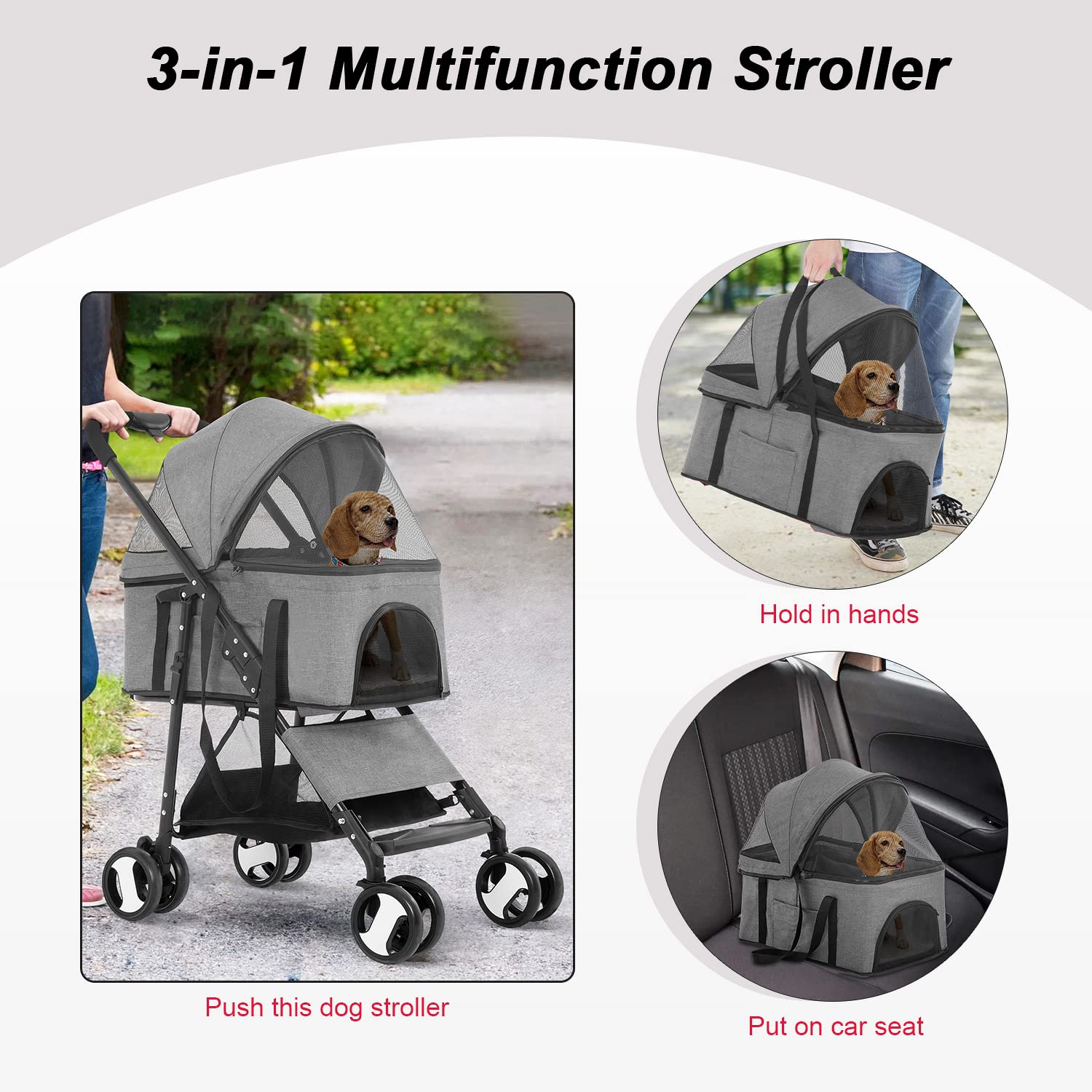 BestPet Pet Stroller Premium 3-in-1 Multifunction Dog Cat Jogger Stroller for Medium Small Dogs Cats Folding Lightweight Travel Stroller with