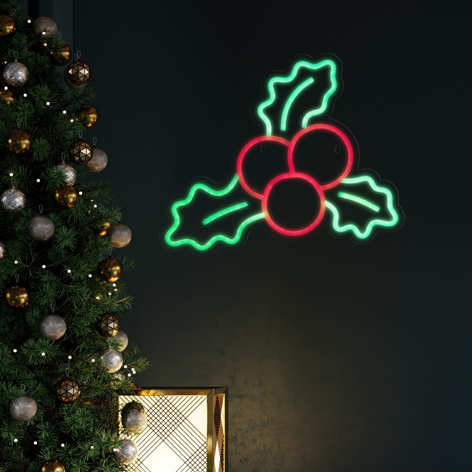 LED Holly Berries Neon Lighted Christmas Wall or Window Decoration - 12"