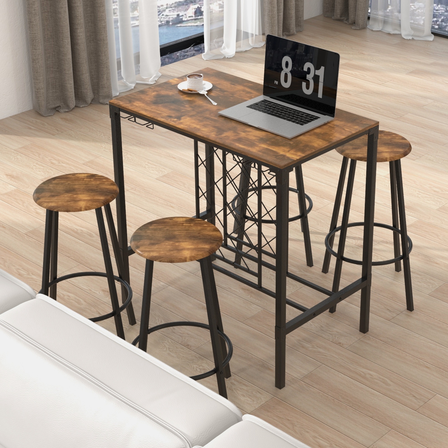 Costway 5PCS Bar Table & Stools Set Industrial Bistro Set with Wine Rack & Glass Holder