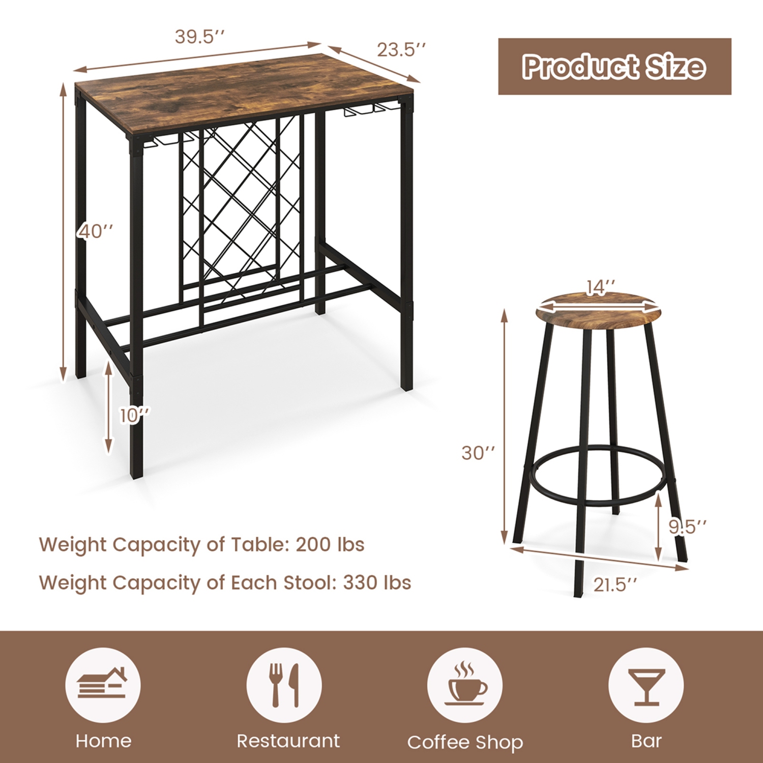 Costway 5PCS Bar Table & Stools Set Industrial Bistro Set with Wine Rack & Glass Holder
