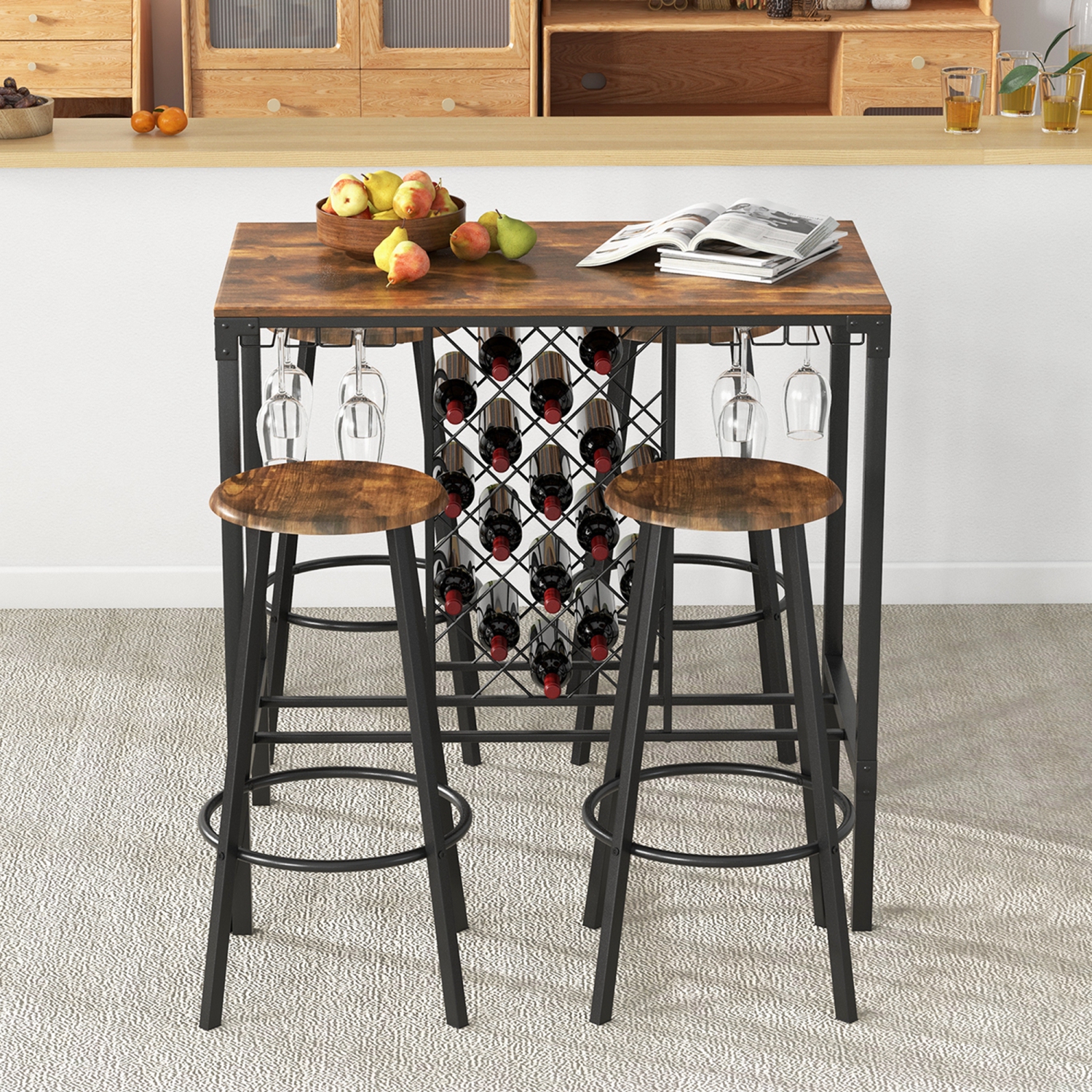 Costway 5PCS Bar Table & Stools Set Industrial Bistro Set with Wine Rack & Glass Holder