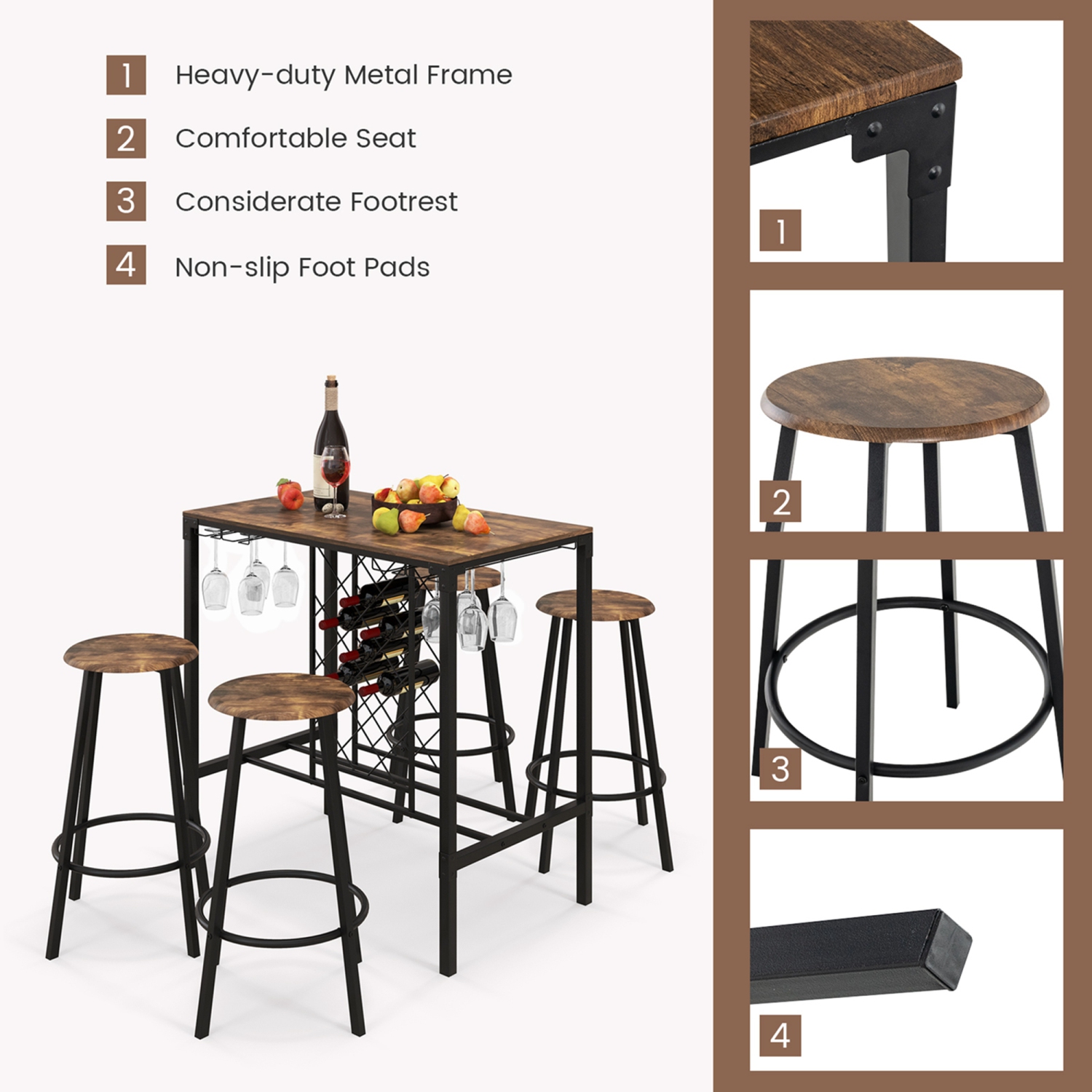 Costway 5PCS Bar Table & Stools Set Industrial Bistro Set with Wine Rack & Glass Holder