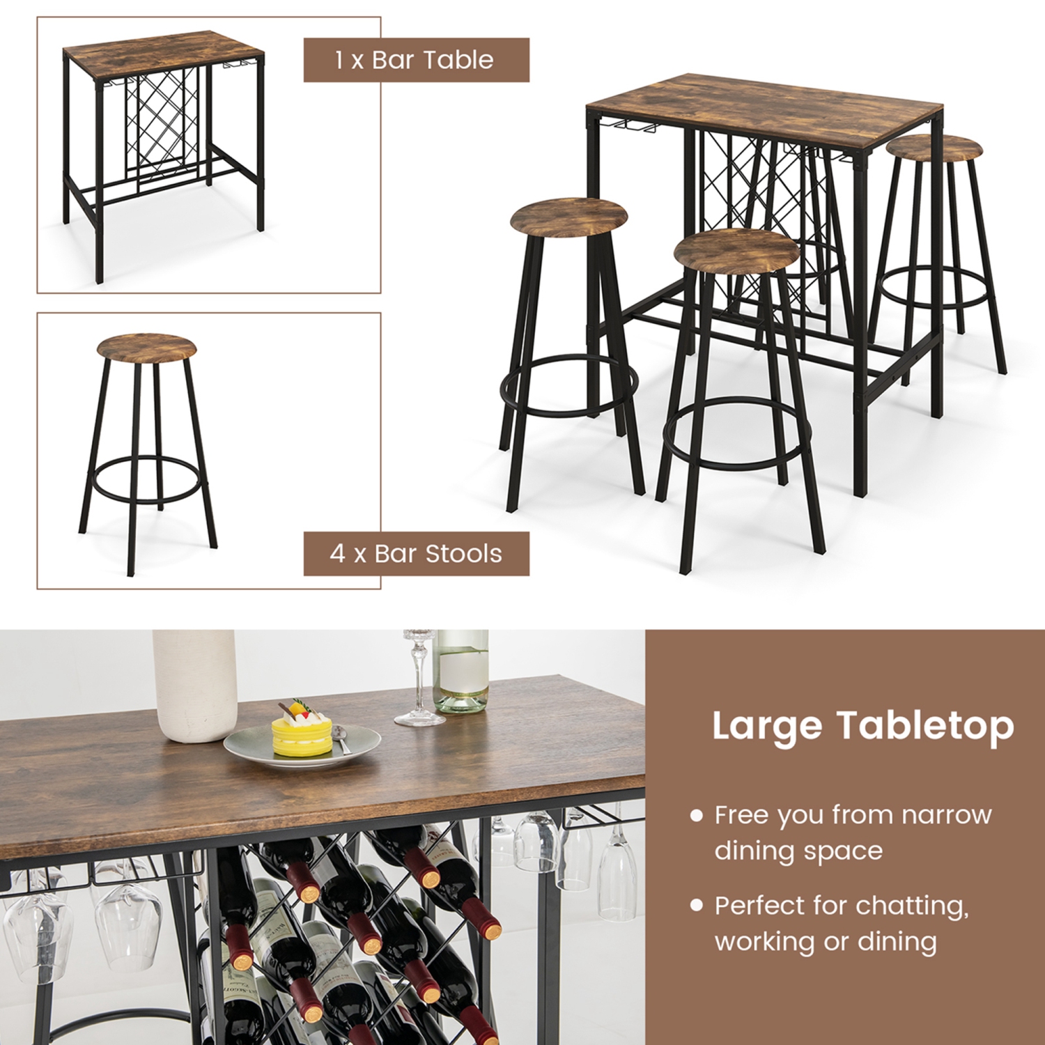 Costway 5PCS Bar Table & Stools Set Industrial Bistro Set with Wine Rack & Glass Holder