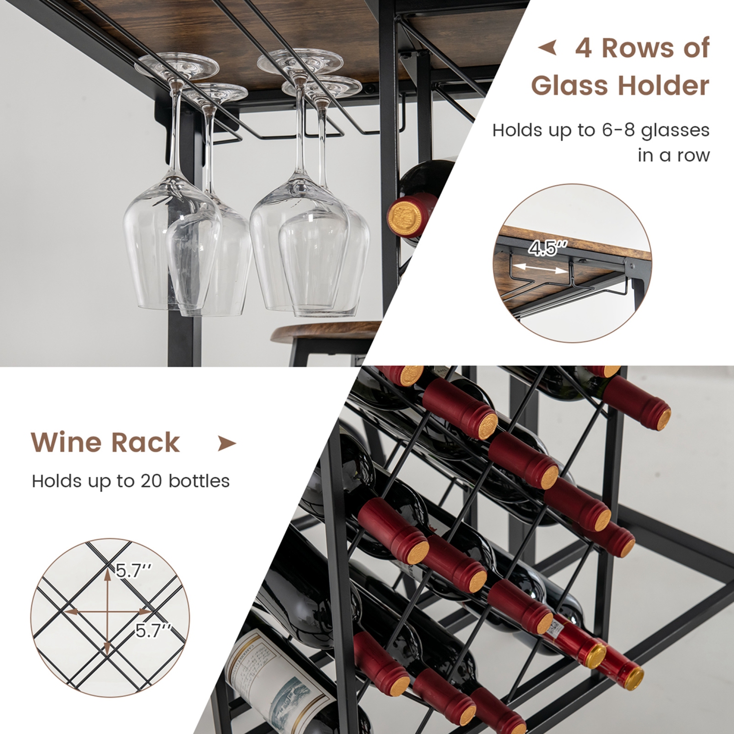 Costway 5PCS Bar Table & Stools Set Industrial Bistro Set with Wine Rack & Glass Holder