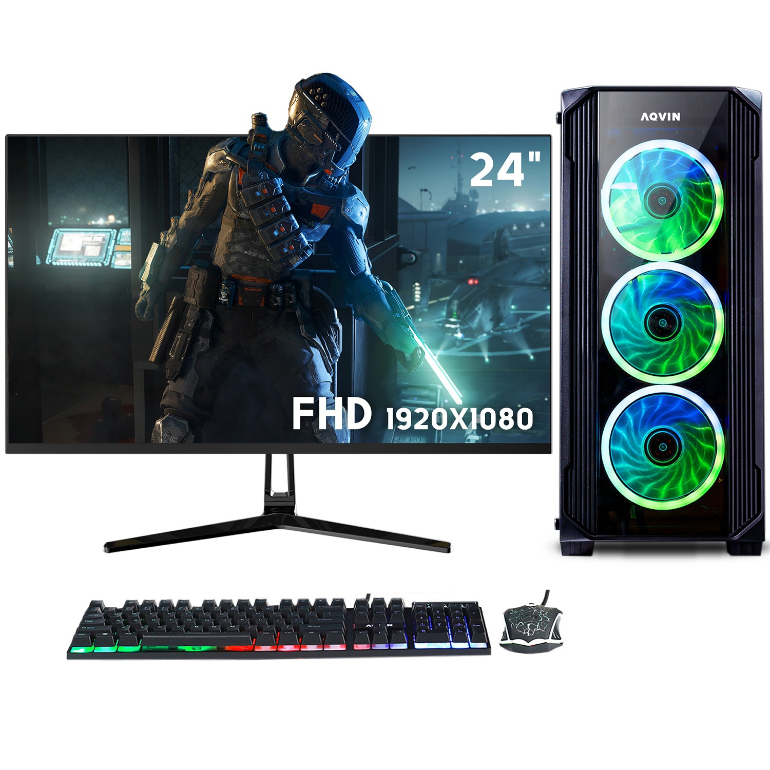 AQVIN Gaming PC Desktop Computer Tower with 24-inch Curved Gaming Monitor - Intel Core i7 up to 4.0Ghz 1TB SSD 32GB DDR4 RAM RX 580 8GB HDMI RGB Keyboard Mouse Windows 10 Pro Wifi