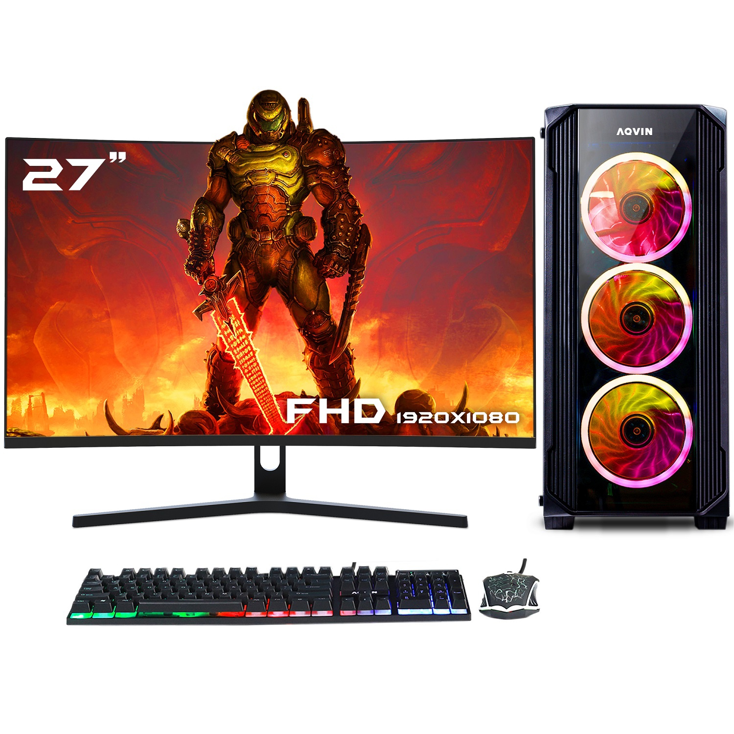 Gaming Desktop AQVIN ZForce Tower Computer PC - 27 inch Curved Gaming Monitor (Intel Core i7/ 32GB RAM DDR4/ 1TB SSD/ AMD Graphics Card RX 580 8GB/ Windows 10 Pro) Only at Best Buy