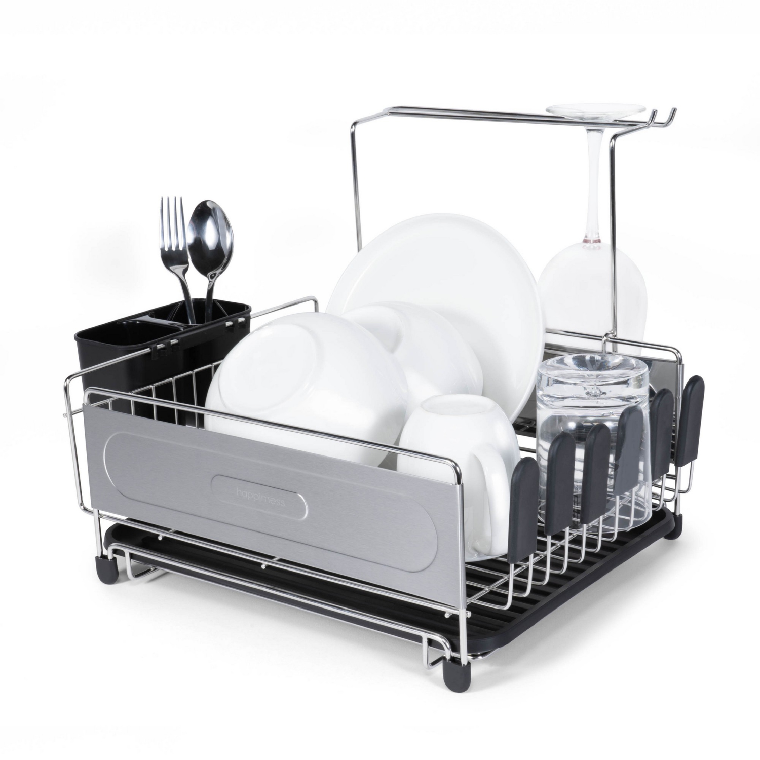 Compact Fingerprint-Proof Stainless Steel Dish Drying Rack with Wine Glass Holder