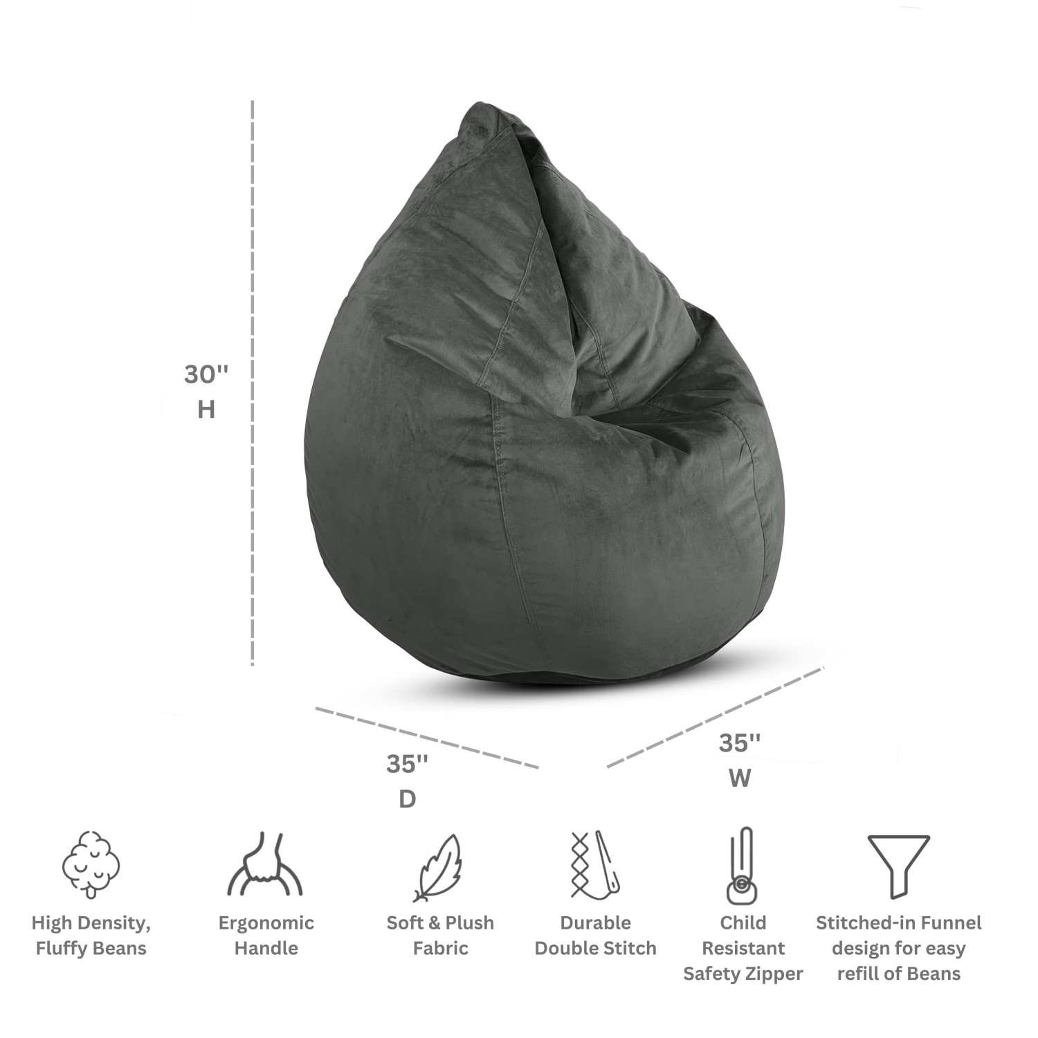 Dojo Teardrop Bean Bag Chair - Plush Ultra Soft Giant Bean Bag for Adults, Teens, Kids - Grey Velvet