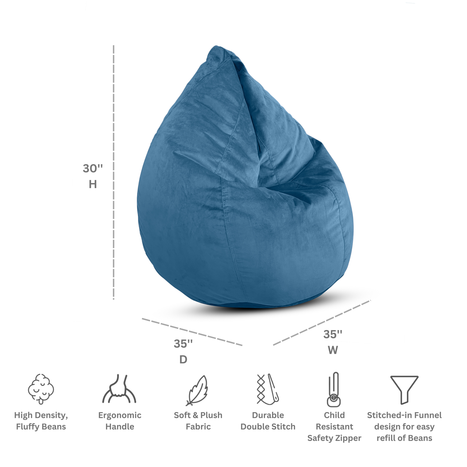 Fauteuil poire en forme de goutte de dojo - très doux fauteuil poire géant moelleux pour adultes, adolescents, enfants - velours bleu