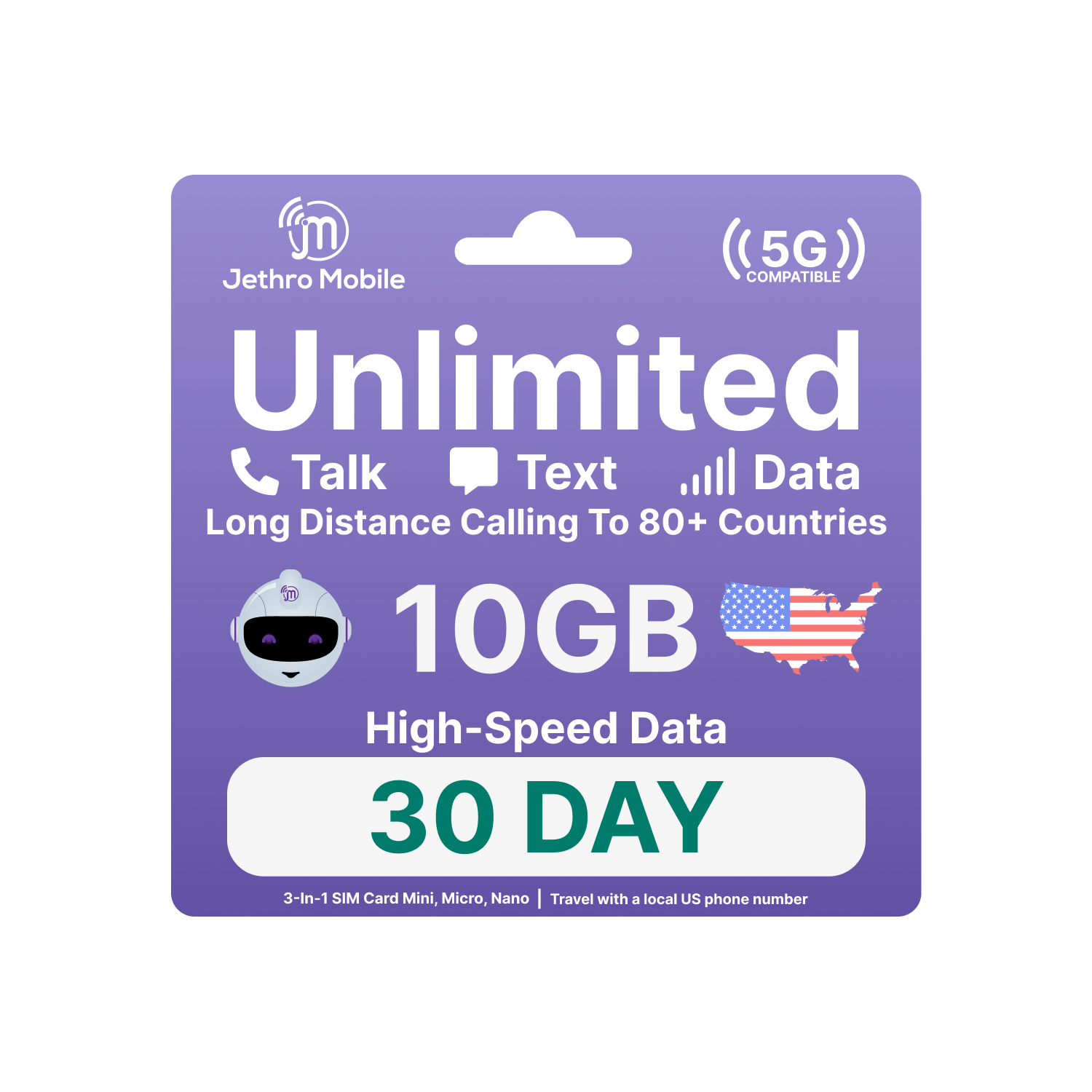Jethro Mobile USA Travel Sim Card [1-Month] - 10GB High-Speed Data, Unlimited Talk & Text in the US and Calls to Canada