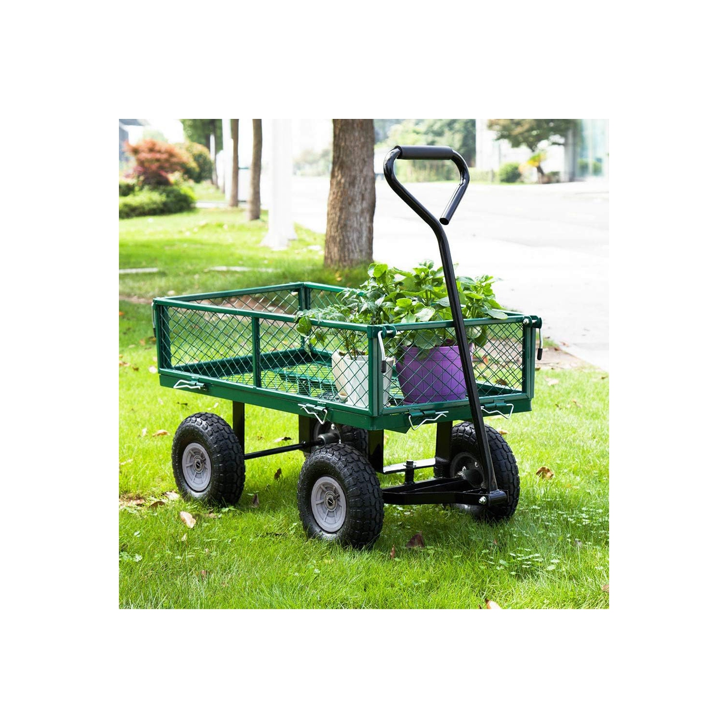 Chariot utilitaire de jardinage chariot à benne pour pelouse en acier robuste pour l'extérieur, terrain de pelouse de plage