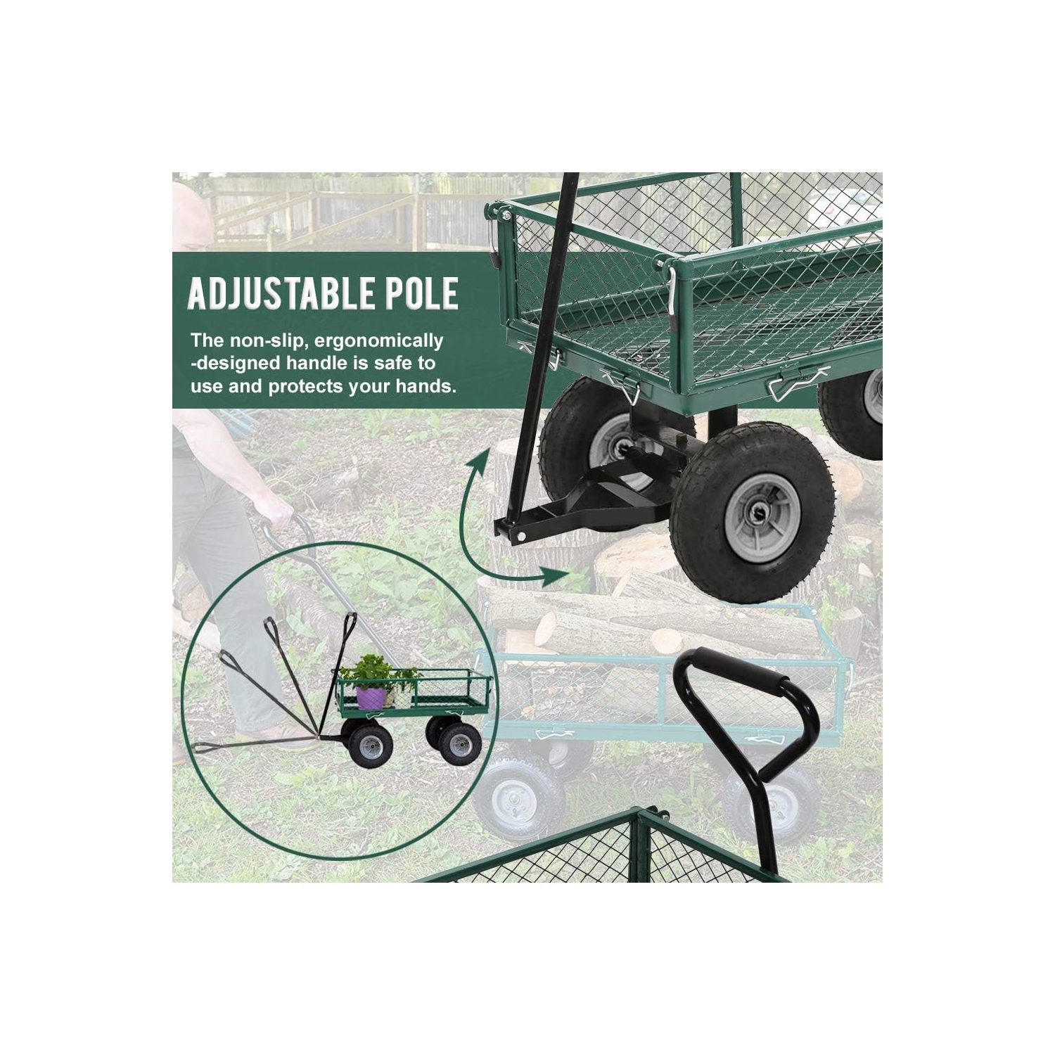 Chariot utilitaire de jardinage chariot à benne pour pelouse en acier robuste pour l'extérieur, terrain de pelouse de plage