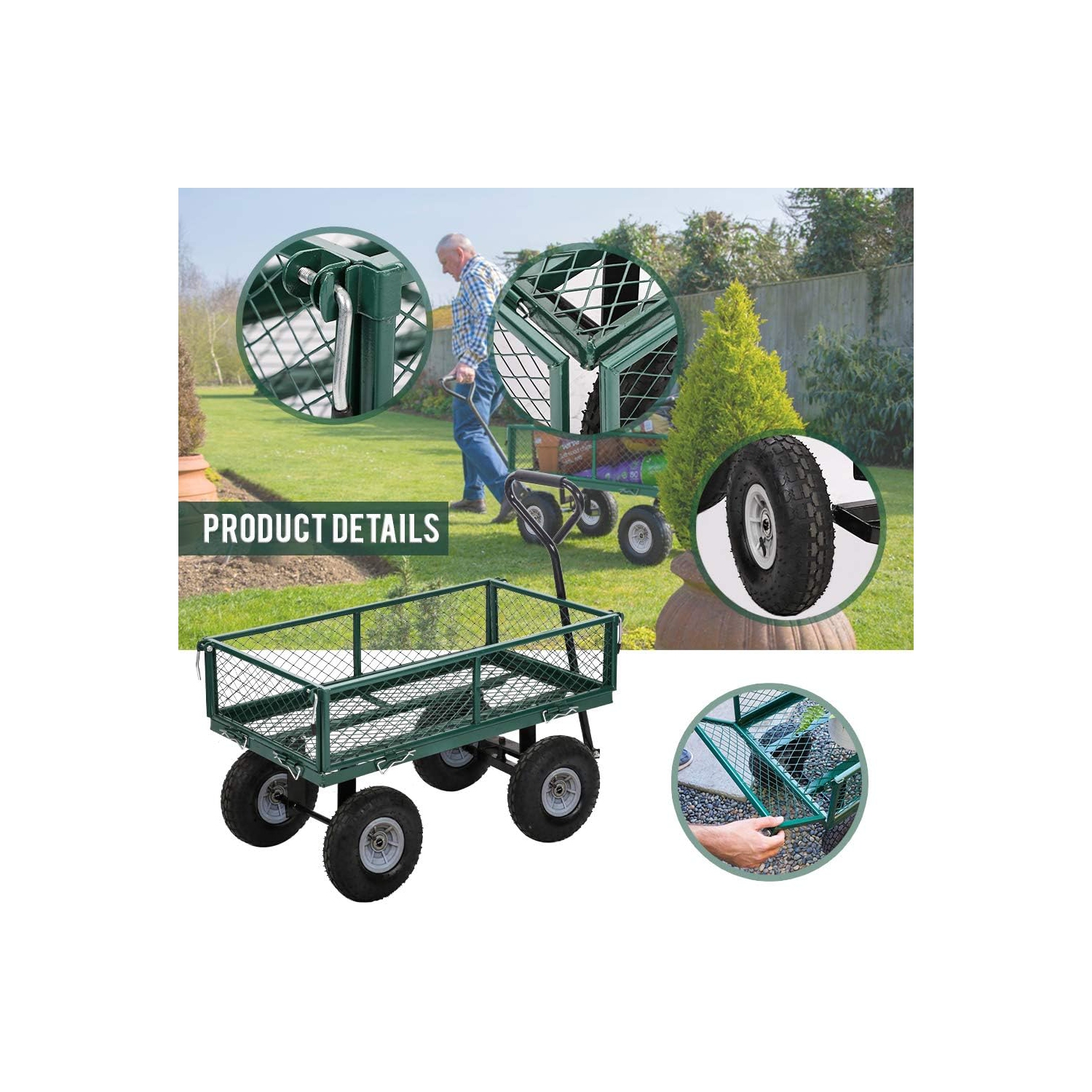 Chariot utilitaire de jardinage chariot à benne pour pelouse en acier robuste pour l'extérieur, terrain de pelouse de plage