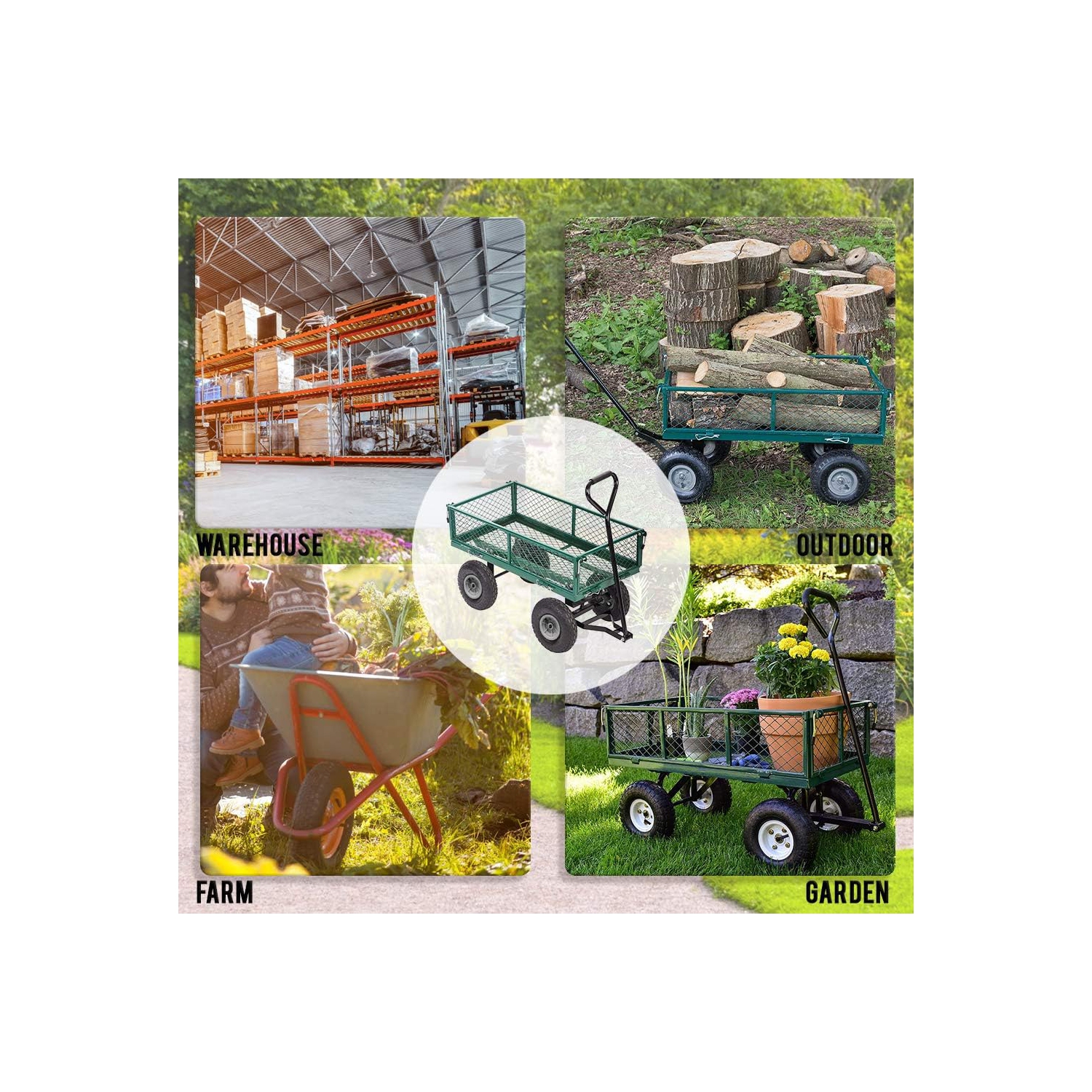 Chariot utilitaire de jardinage chariot à benne pour pelouse en acier robuste pour l'extérieur, terrain de pelouse de plage