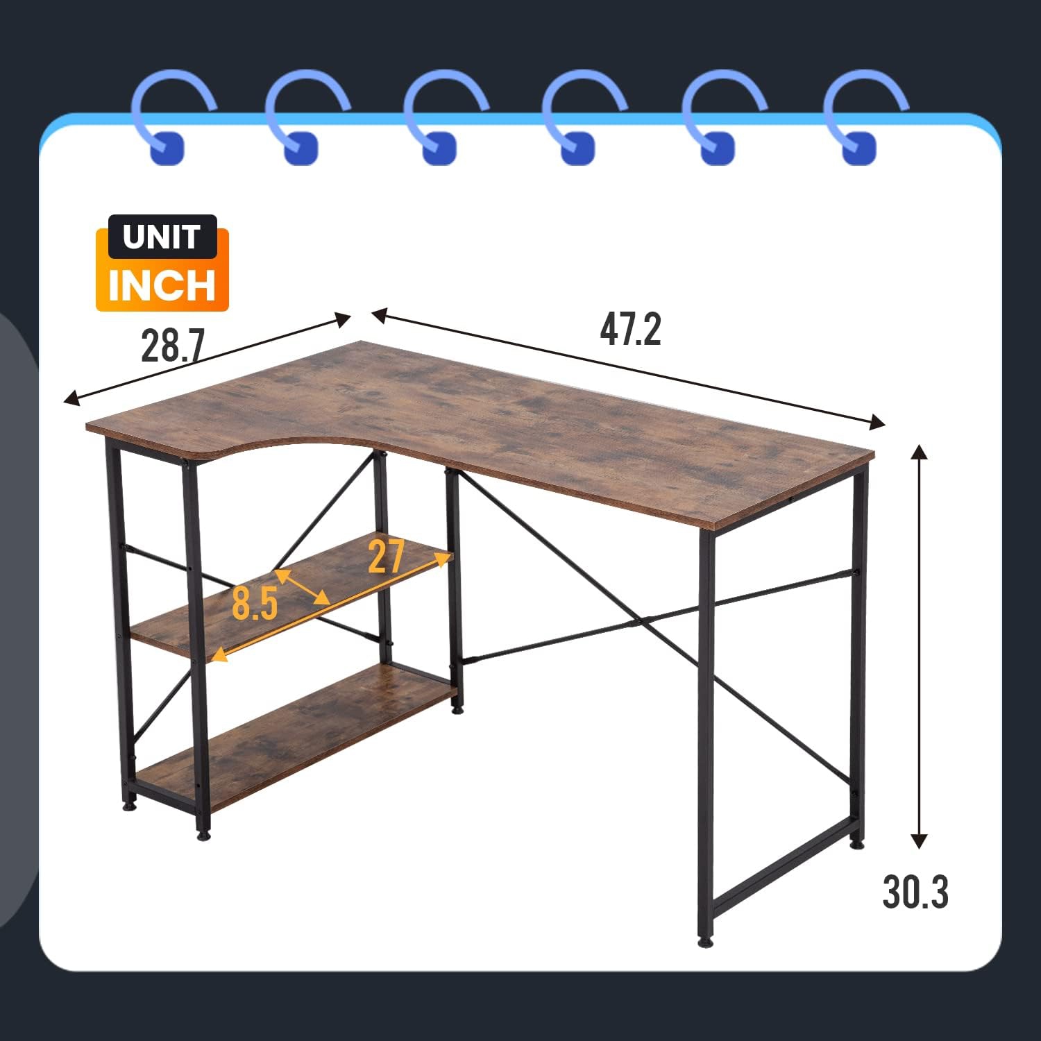 Bureau d'ordinateur BestOffice à 2 tablettes table d'étude de jeu 47&nbsp;po grand bureau avec pattes en métal pieds réglables Meubles modernes pour
